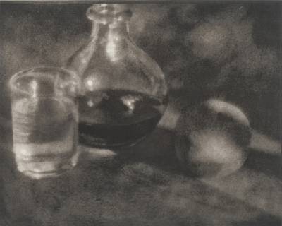 Wine Bottle, Water Glass, and Apple