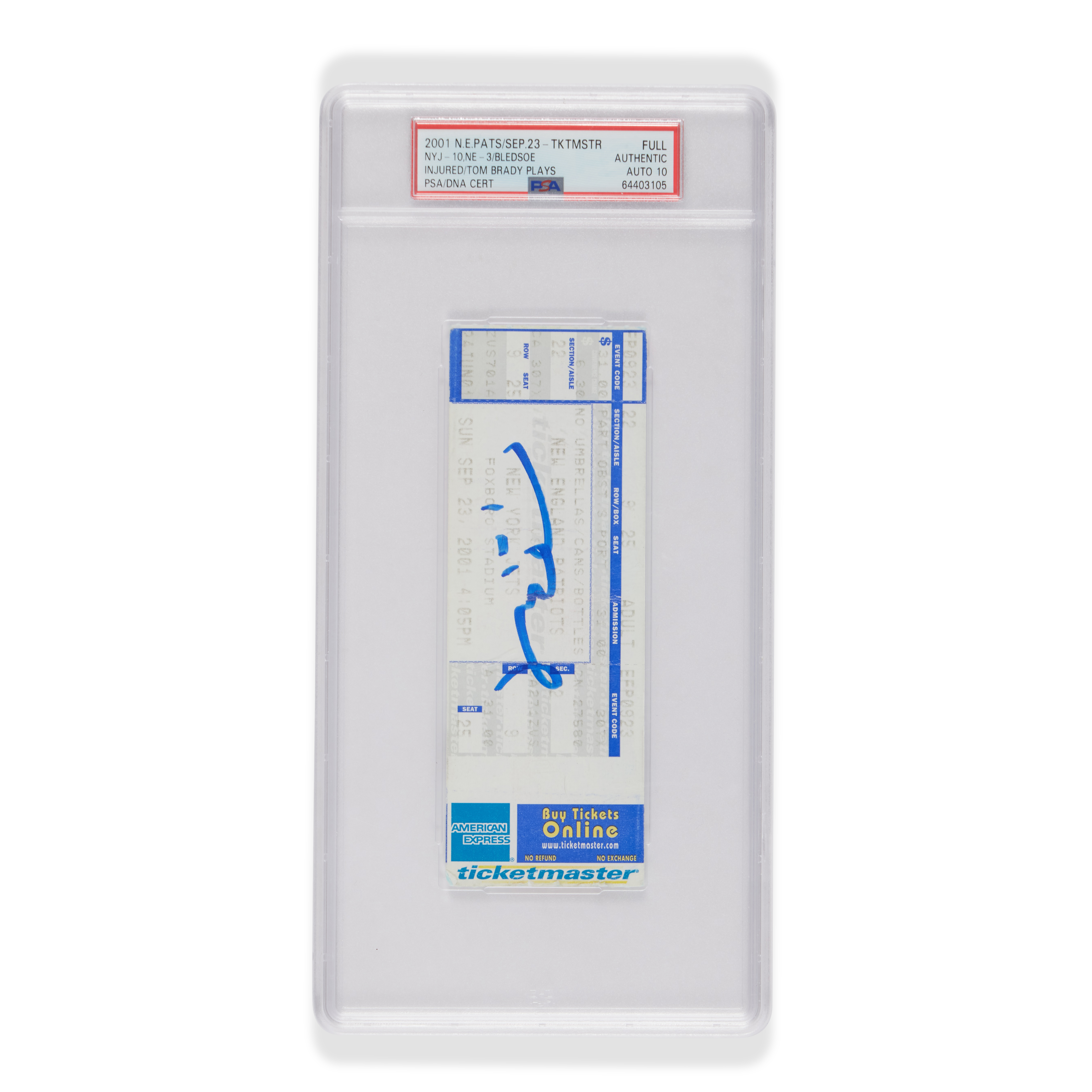 1 ticket. Printed in blue, yellow, black and gray with an autograph by Tom Brady, section 22, row 9, seat 25. — Tom Brady Signed ‘Drew Bledsoe Injured / Brady Plays’ September 23, 2001 Game Ticket