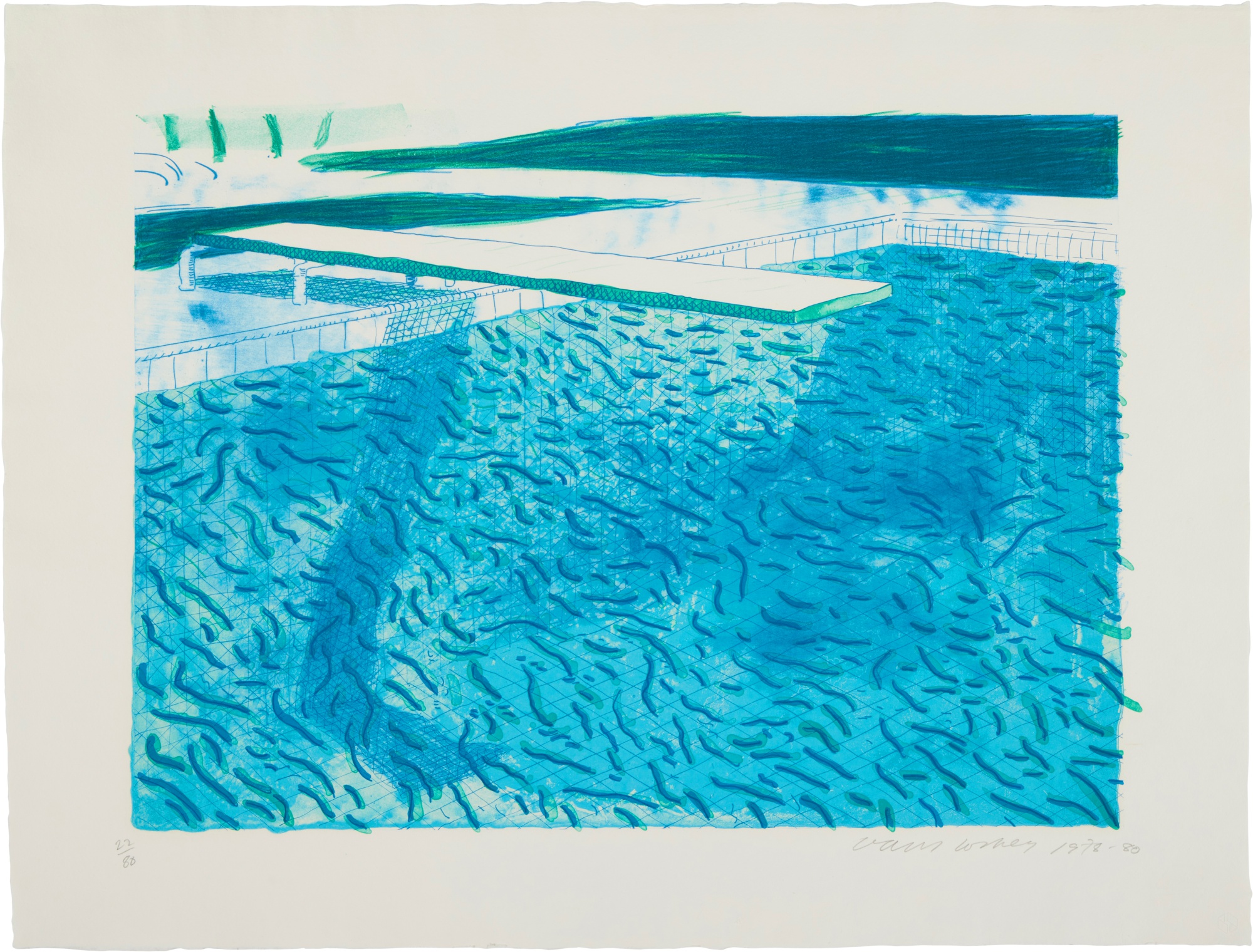 David Hockney — Lithograph of Water Made of Thick and Thin Lines, a Green Wash, a Light Blue Wash, and a Dark Blue Wash