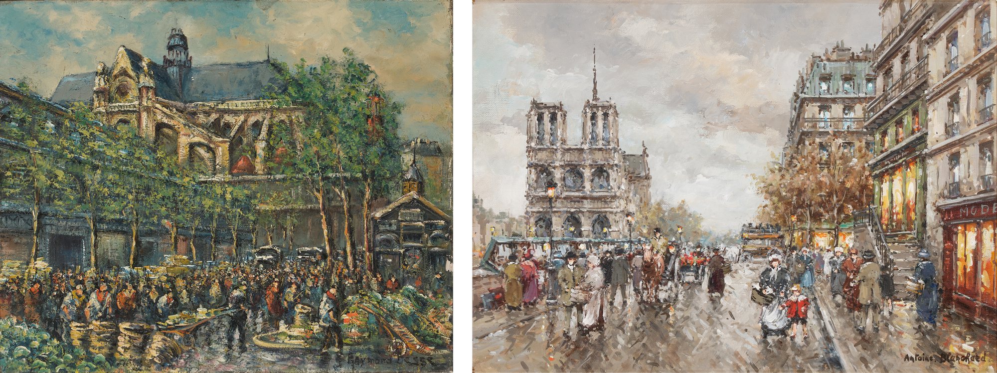 Antoine Blanchard — Notre Dame with the Quai Saint-Michel and Les Halles with the Church of Saint-Eustache