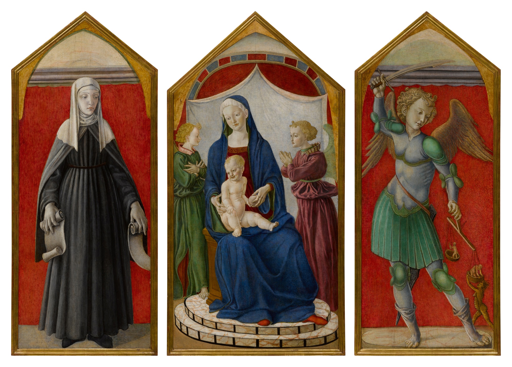 Master of Pratovecchio — Madonna and Child Enthroned with Angels and Flanked by Saint Bridget of Sweden and the Archangel Michael
