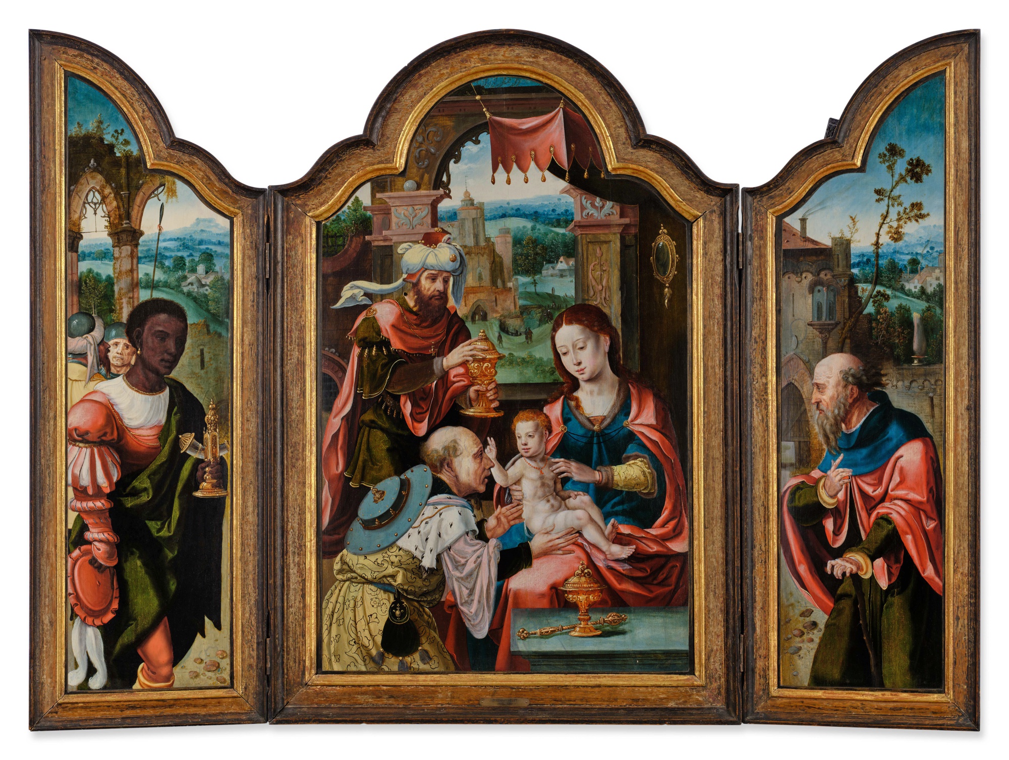 Pieter Coecke van Aelst — Triptych: Adoration of the Magi (center); Balthazar (left); Saint Joseph (right)