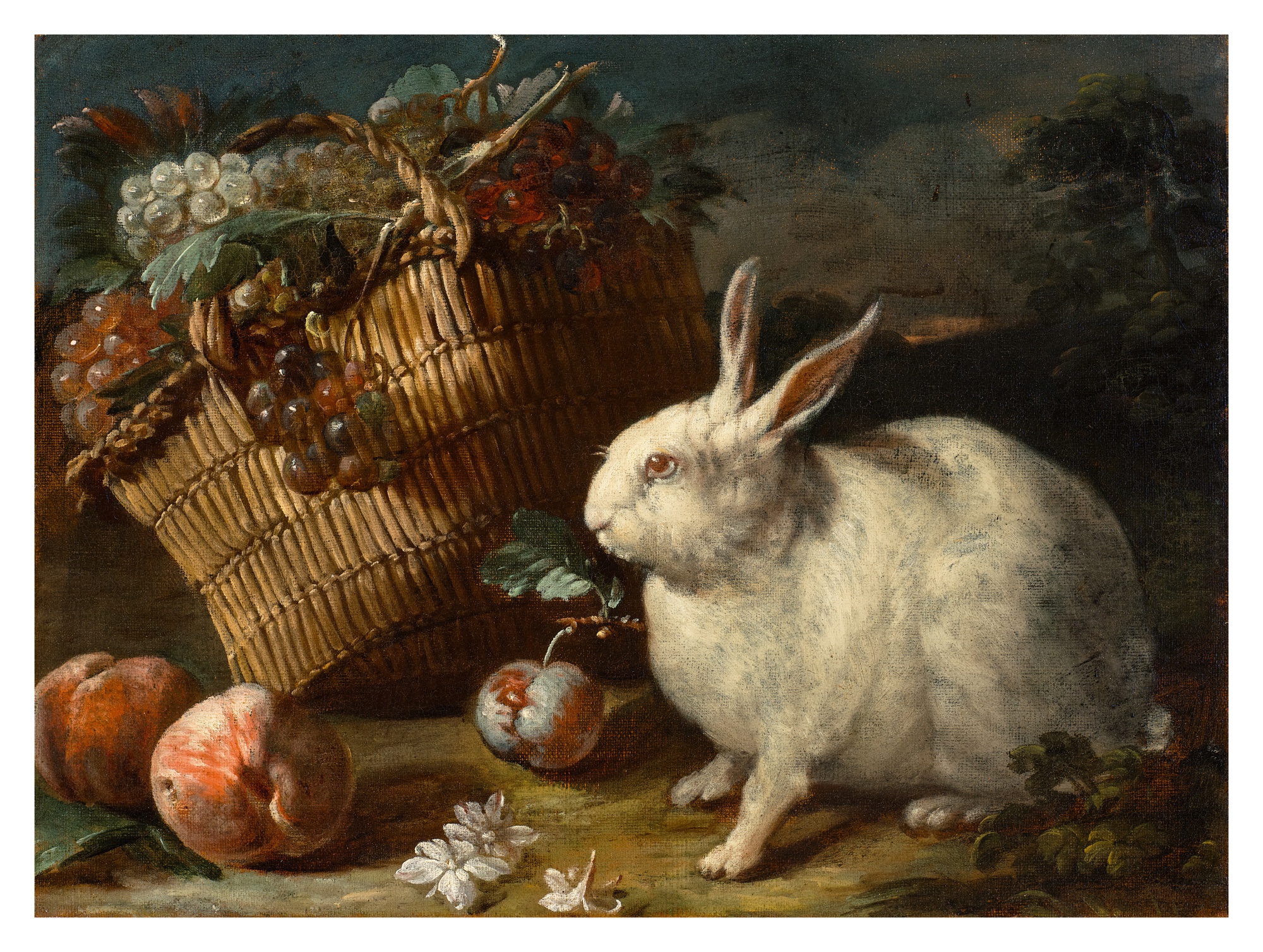 Unknown — Still Life of a White Rabbit, Grapes in a Woven Basket, Plums, Peaches, and Scattered Flowers