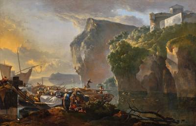 Rocky Coastline with Figures Loading Cargo on a Barge