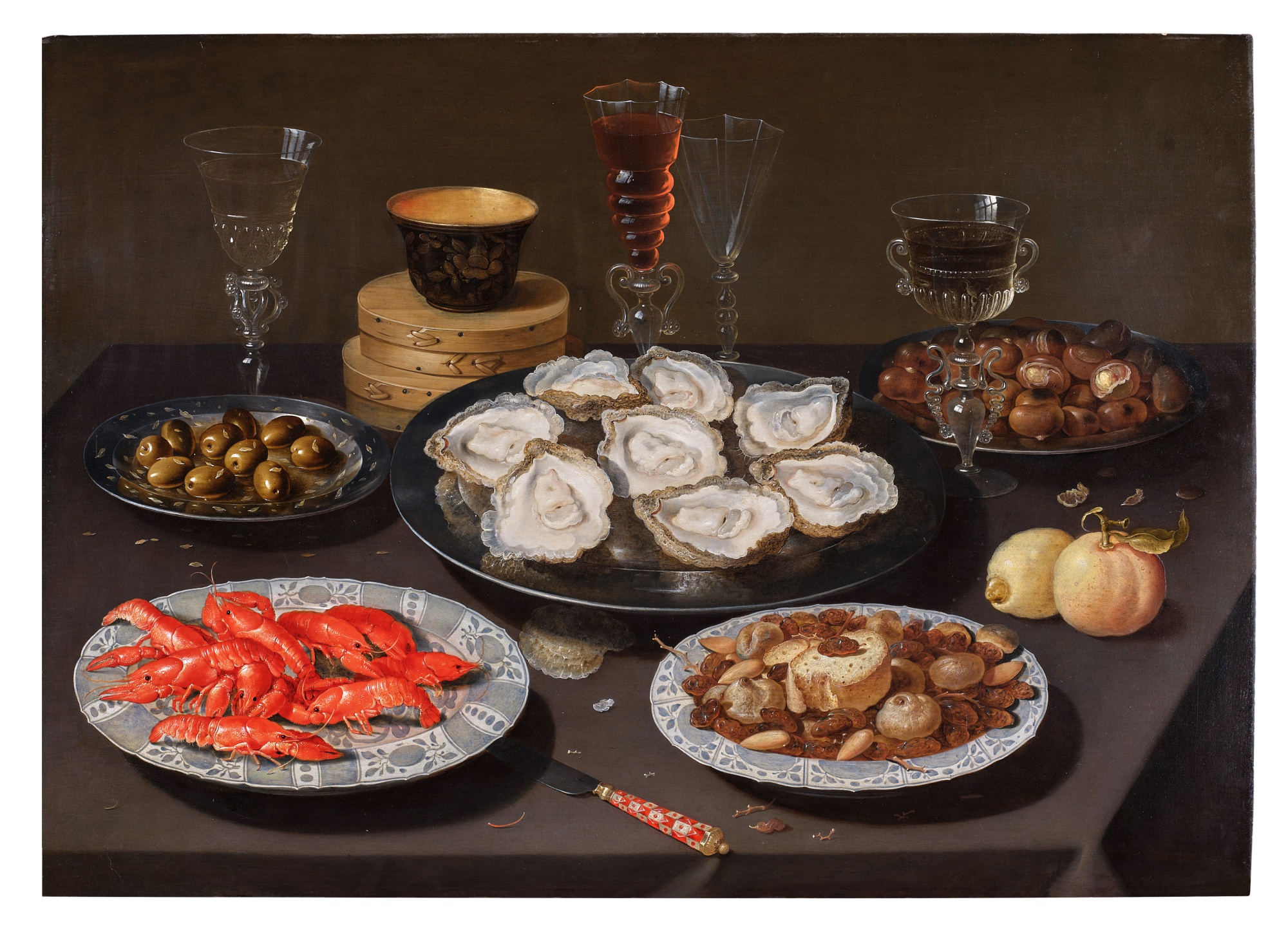 Still Life with Oysters, Langoustines, Olives, Chestnuts, and Façon de Venise Wine Glasses