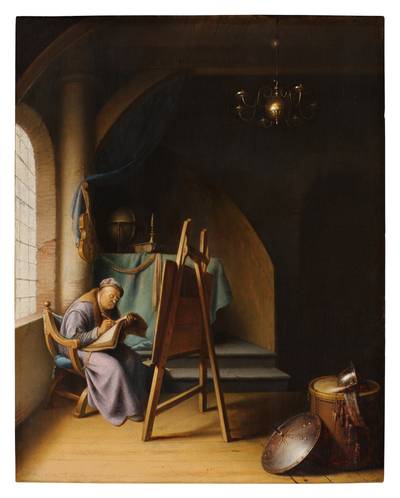 Man Writing by an Easel in an Artist's Studio