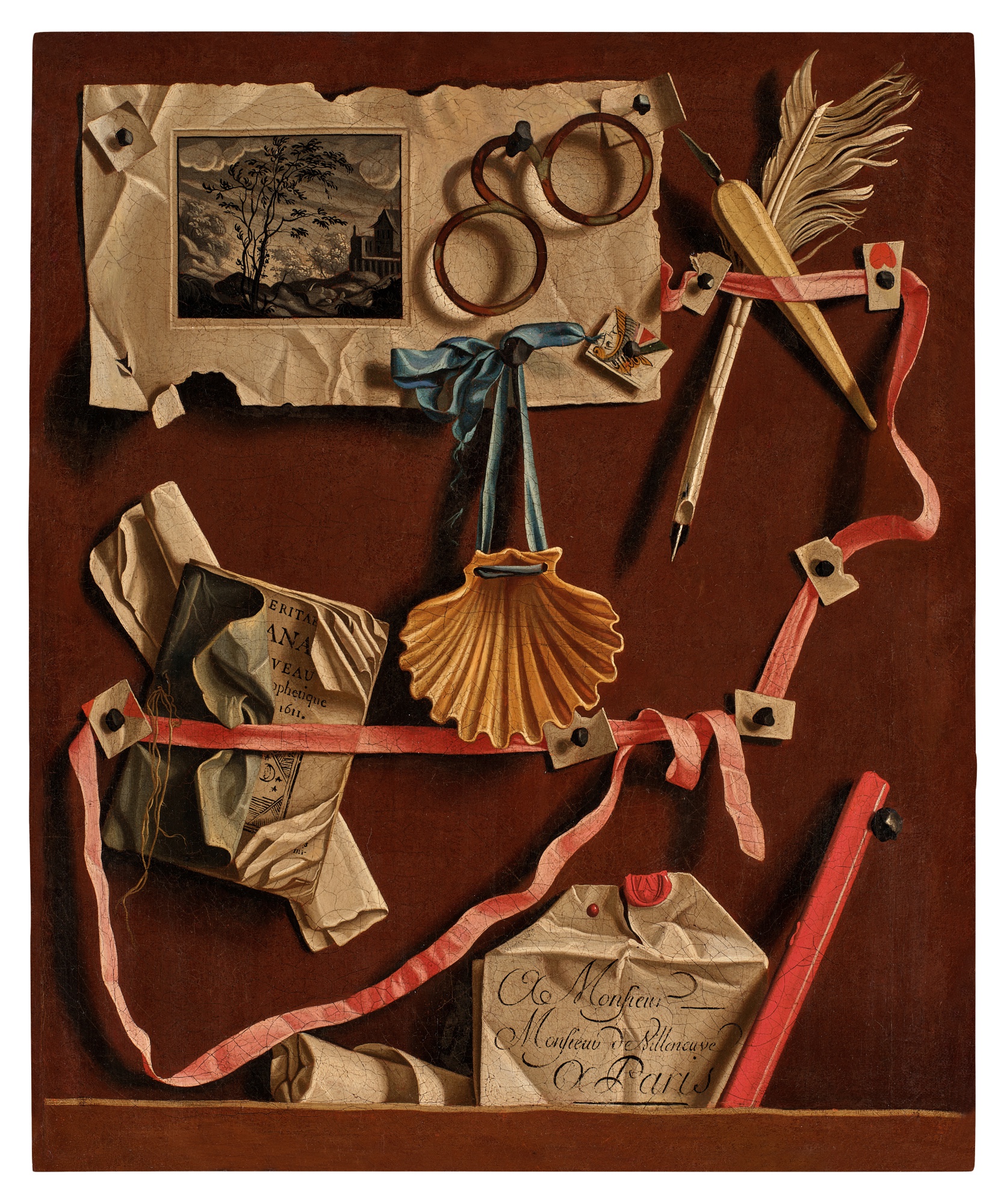 Jean Valette-Falgores, called Penot — Trompe-l'Oeil of a Letter Board with a Venus Shell, a Print by Antonio Tempesta, Spectacles, a Quill, Penknife, Sealing Wax, a Letter to M. de Villeneuve at Paris, a Copy of Nostradamus and Cut Pieces of a Queen of Hearts