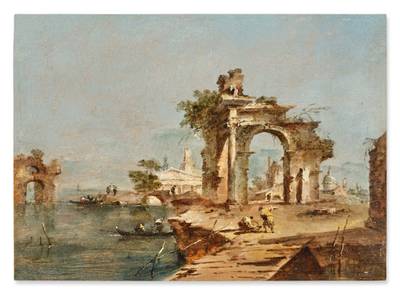 Capriccio with Figures by a Lagoon, a Ruined Arch, and a Temple Beyond