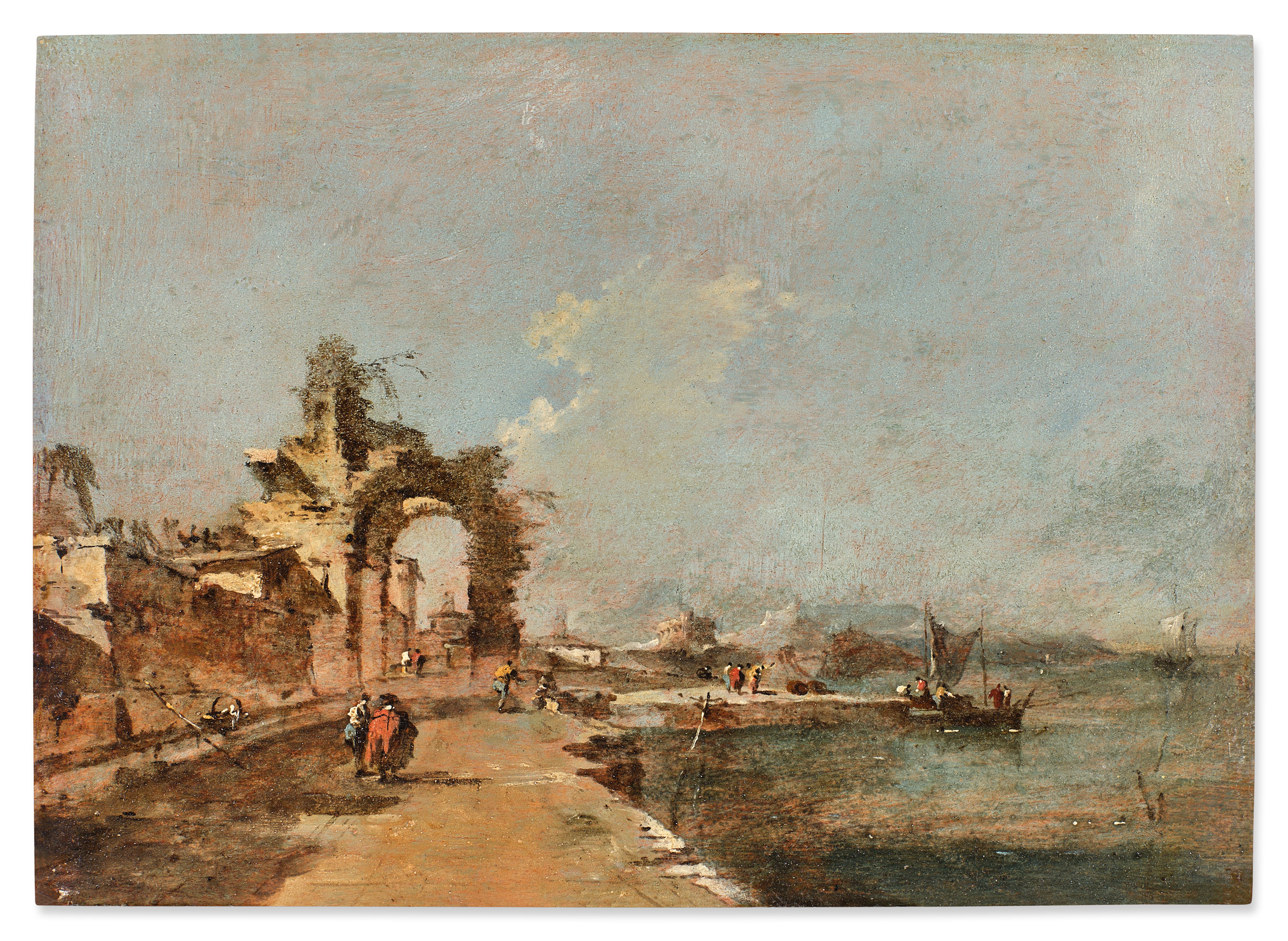 Francesco Guardi — Capriccio of a Lagoon with Figures and a Ruined Arch Beyond
