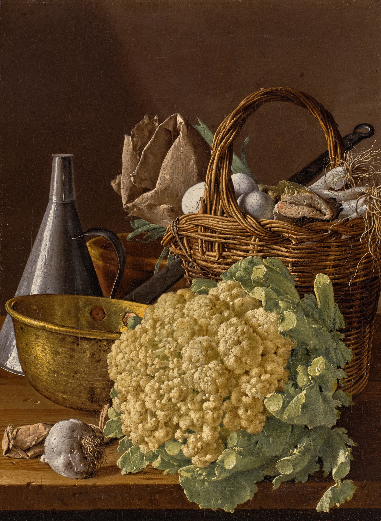 Luis Meléndez — Still Life with a Cauliflower, a Basket with Eggs, Leeks, and Fish, and Assorted Kitchen Utensils