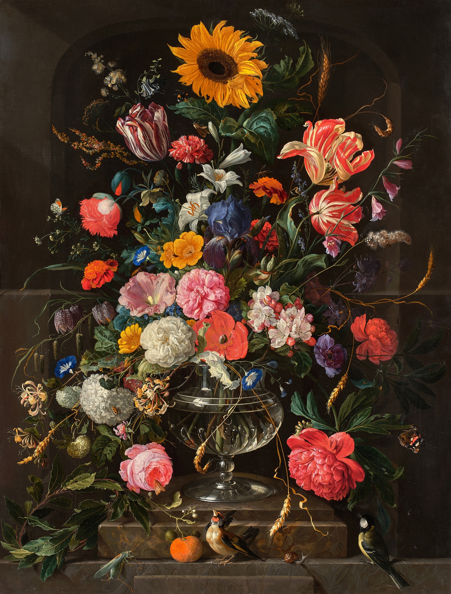 Jan Davidsz. de Heem — Still Life of Roses, Tulips, Lilies, Poppies, Honeysuckle, a Sunflower, an Iris, and Other Flowers in a Glass Vase with Two Birds, a Grasshopper, and a Snail