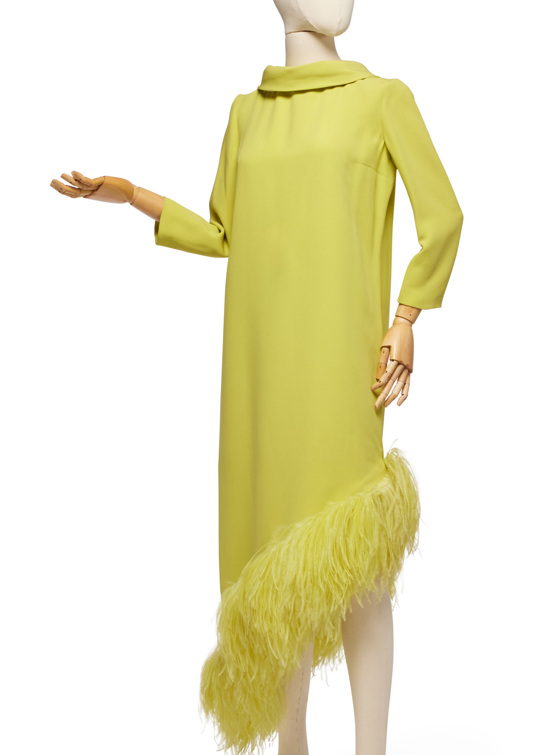 Pierre Cardin Haute Couture Chartreuse Silk Crêpe Evening Gown, 1965, with asymmetric ostrich feather hem, labeled, bust: 38 inches, 96 cm — Haute Couture Chartreuse Silk Crêpe Evening Gown, 1965