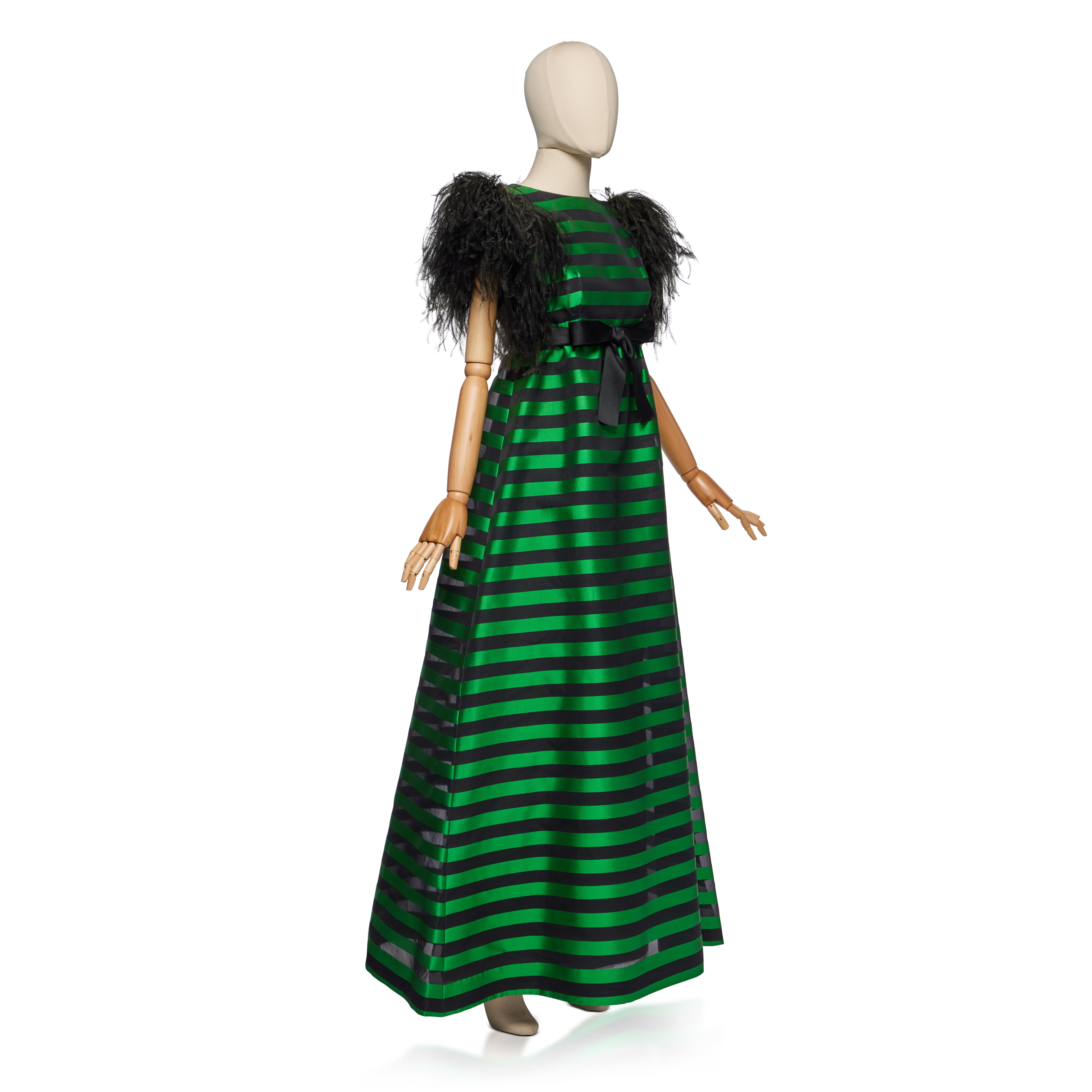Christian Dior by Marc Bohan Haute Couture Striped Zibeline Evening Gown, Autumn-Winter 1968-69, with ostrich feather plumes and black satin ribbon belt, labelled, bust 34in, 86cm, waist 28in, 71cm —  Haute Couture Green and Black Striped Zibeline Evening Gown, Autumn-Winter 1968-69