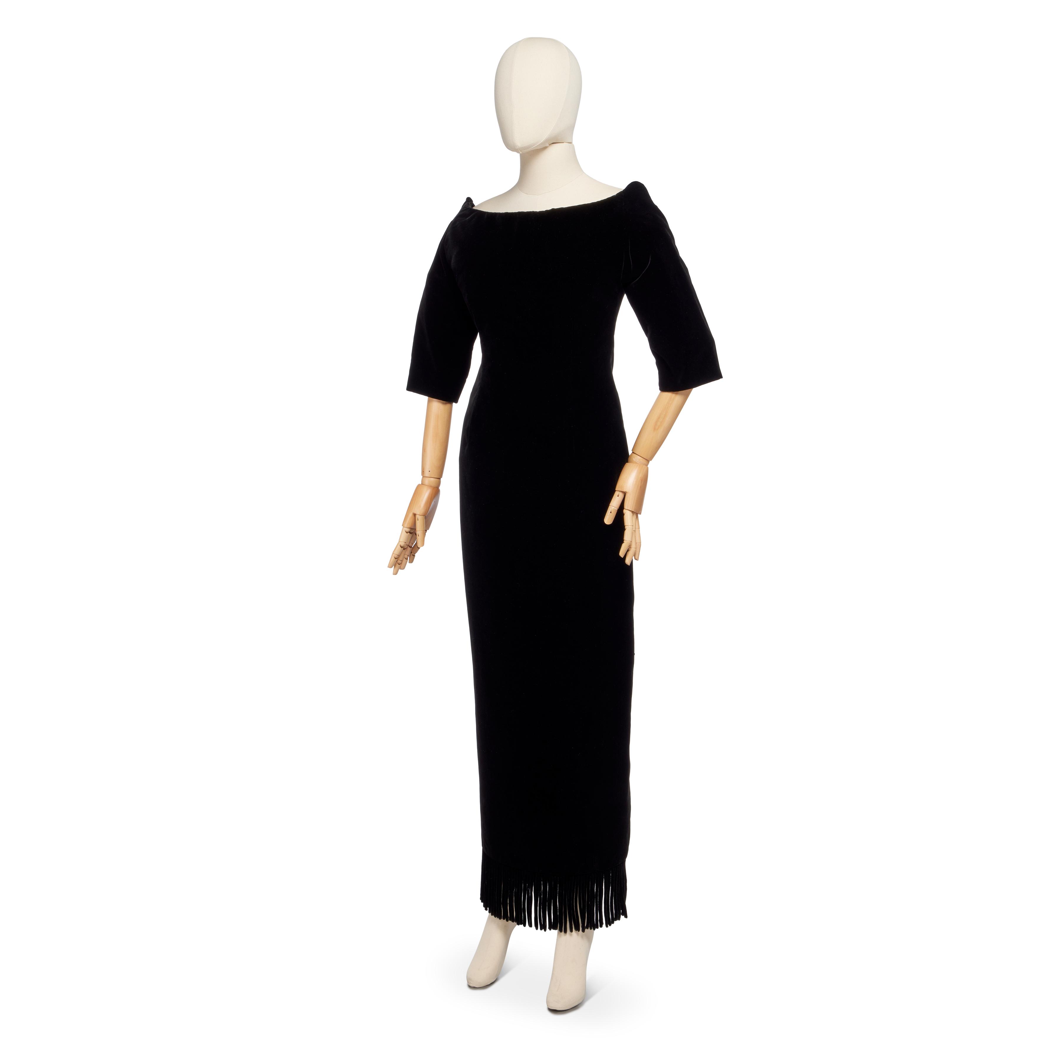 Christian Dior by Marc Bohan Haute Couture Black Silk-Velvet Evening Gown, early 1960s, with self fringed hem, corset to interior, labelled, bust 32in, 81cm, waist 24in,61cm, hips: 34in,86cm — Haute Couture Black Silk-Velvet Evening Gown, early 1960s