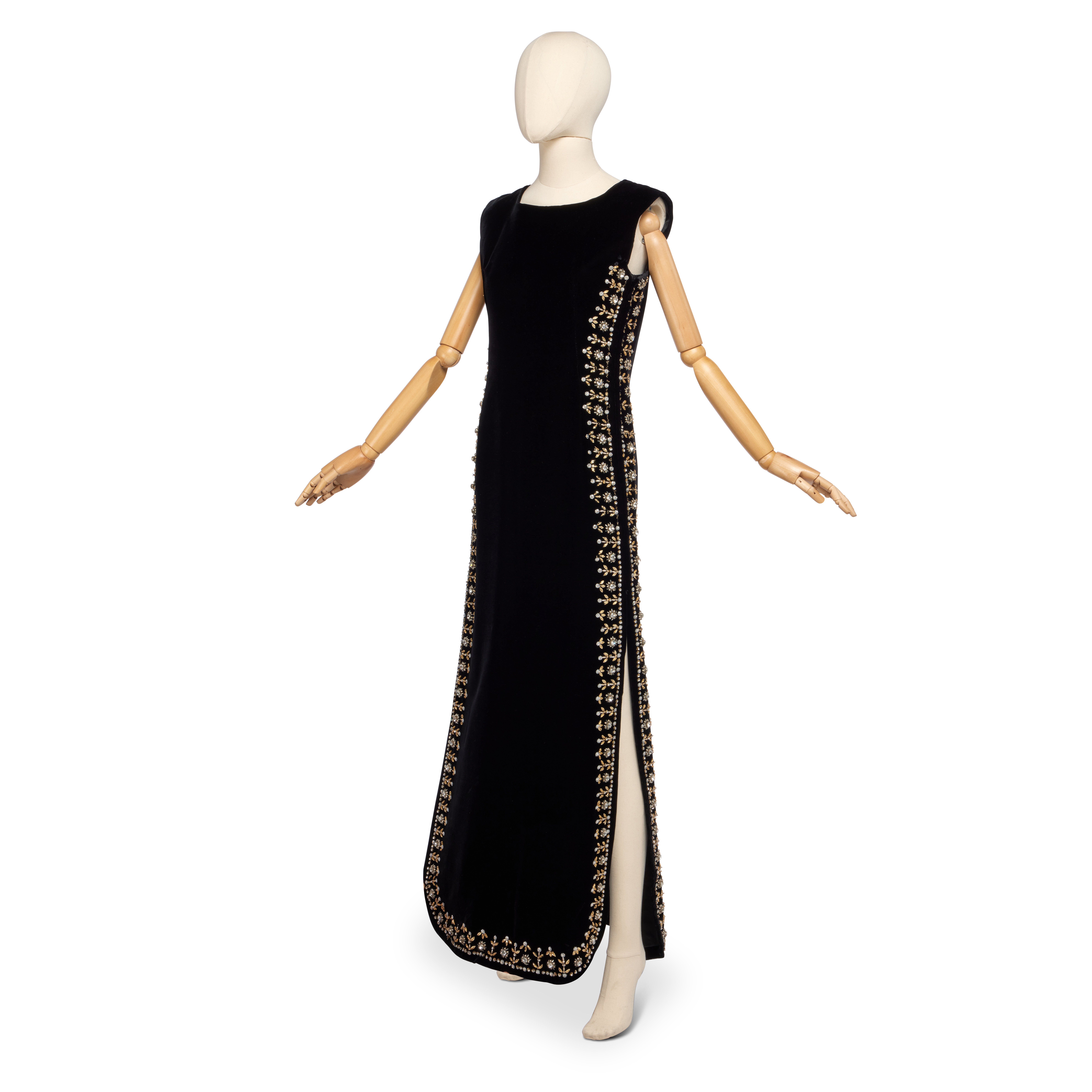 Cristóbal Balenciaga Haute Couture 'Chasuble' Embellished Black Silk Velvet Evening Gown, Autumn-Winter 1967-68, inspired by the outermost garments worn by clergy, edged in cut brilliants, pearl beads and floret paillettes, labelled and numbered, bust: 34in, 86cm — Haute Couture 'Chasuble' Embellished Black Silk Velvet Evening Gown, Autumn-Winter 1967-68