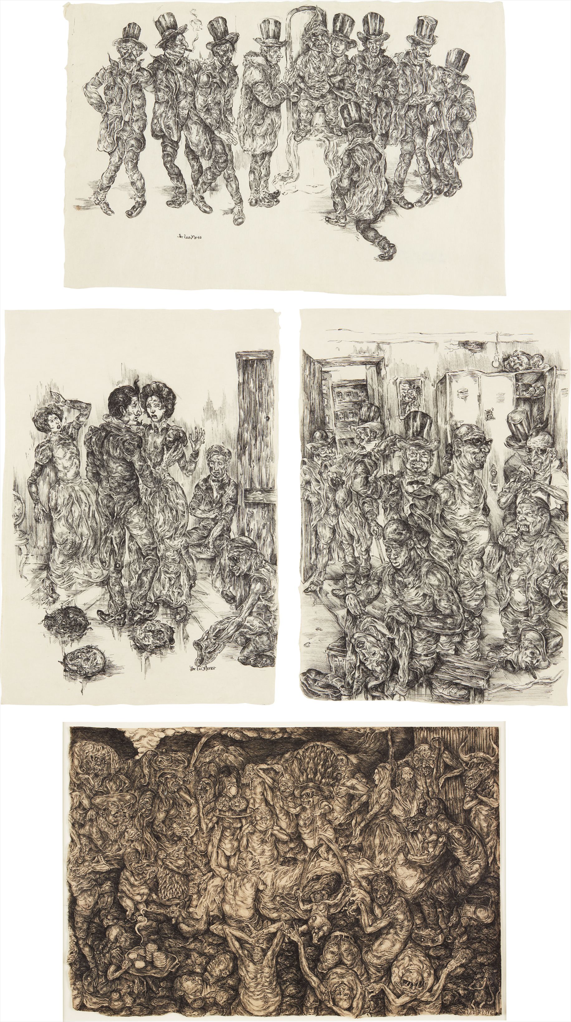 Oscar de las Flores — Four Works: i) Natividad Salvatrucha; ii) The Fathers of Commerce and Industry, and their Papi (study); iii) Les Waltz des Narcos (study); iv) After You Monsieur! (The locker room of Grand Seigneurs) (study)