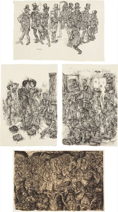 Four Works: i) Natividad Salvatrucha; ii) The Fathers of Commerce and Industry, and their Papi (study); iii) Les Waltz des Narcos (study); iv) After You Monsieur! (The locker room of Grand Seigneurs) (study)