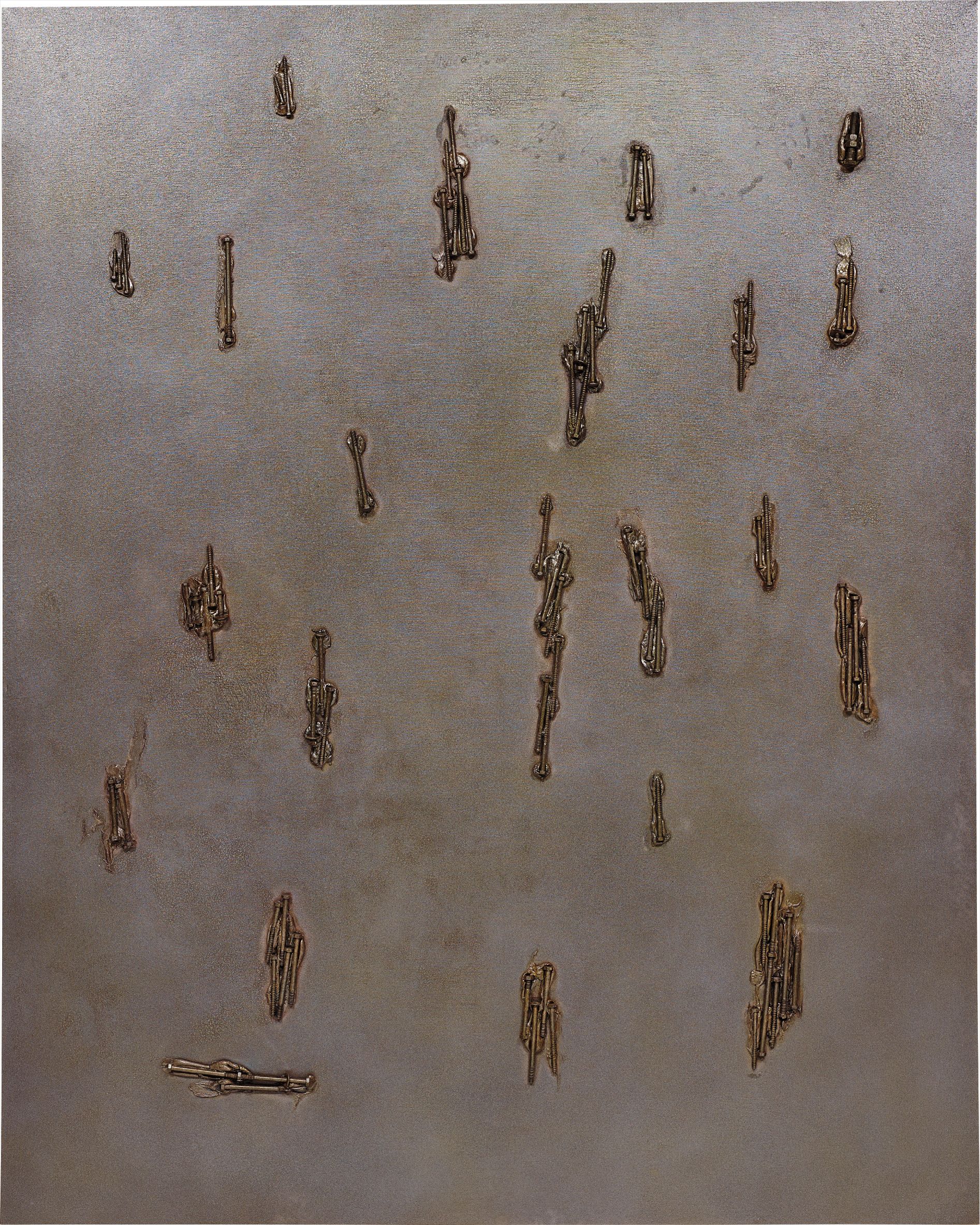 copper-electroplated screws on canvas