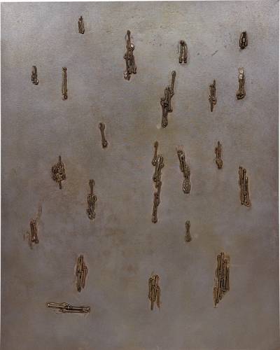 copper-electroplated screws on canvas