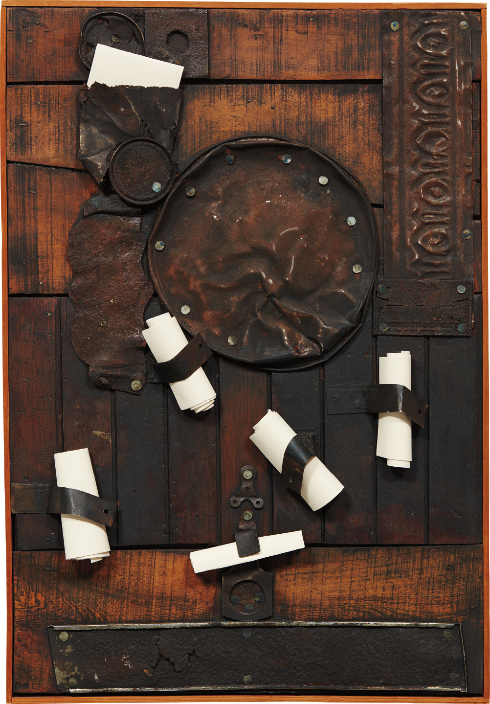 Nancy Grossman — wood, paint, paperboard and metal construction, in artist's wooden frame