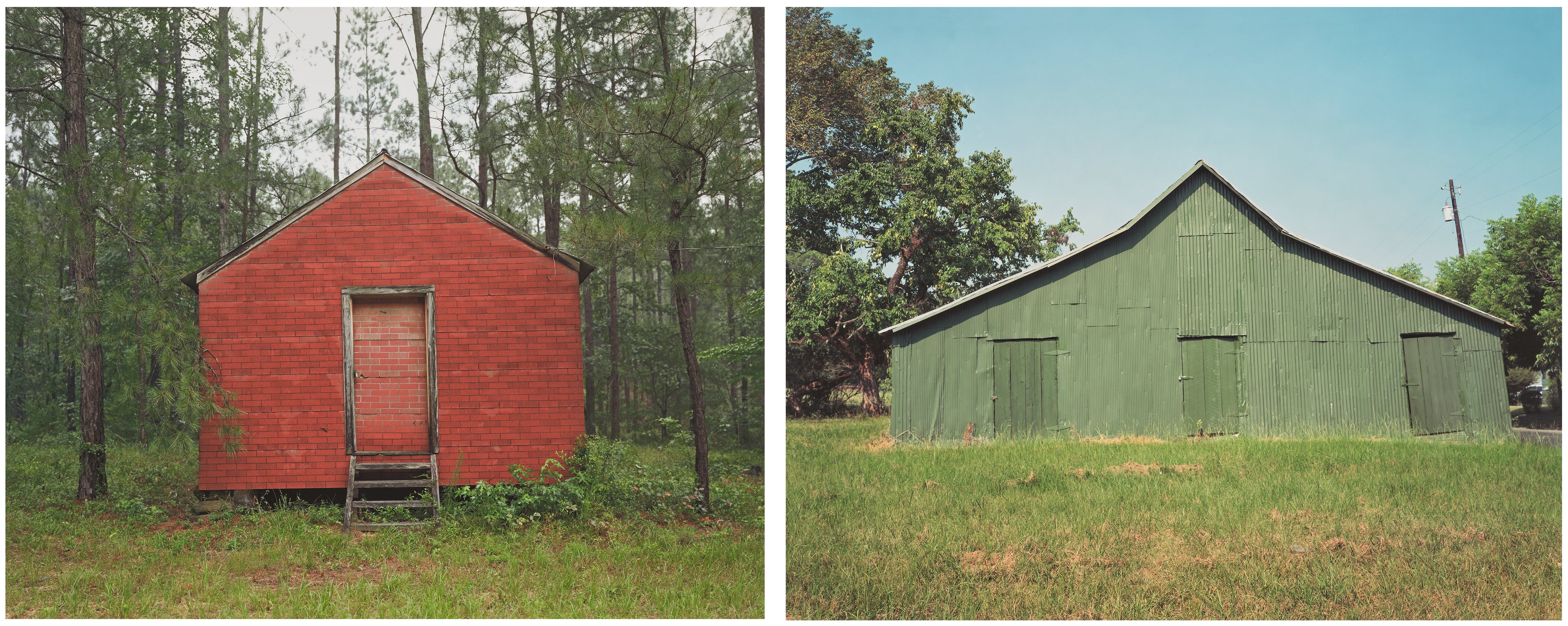 William Christenberry — Two works: Red Building in Forest; Green Warehouse