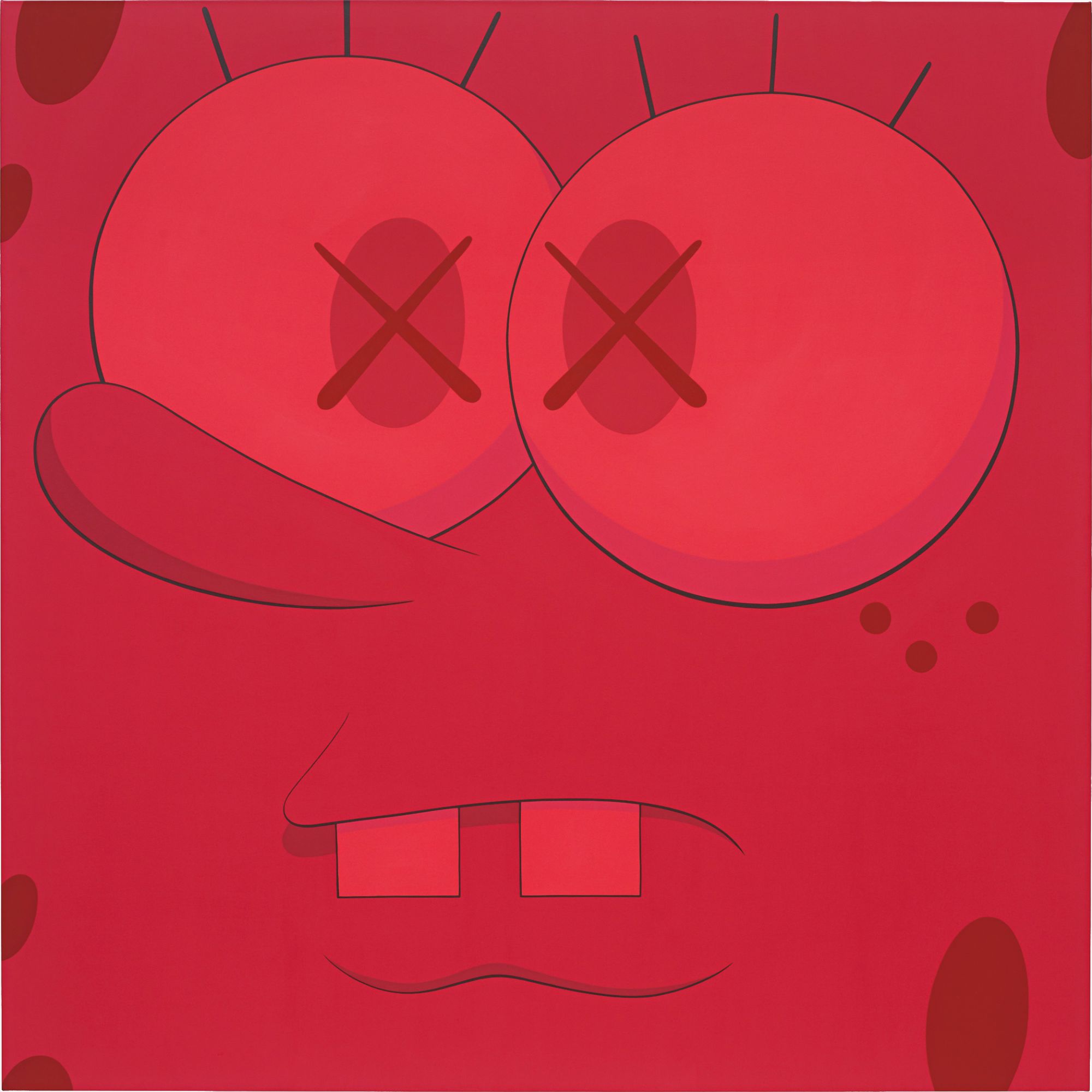 KAWS — Brooklyn-based artist KAWS re-appropriates bits of popular culture and transforms them into eye catching iconic paintings. His cartoon-like characters, recognizable to the media savvy public, undergo a sardonic set of alterations. The present lot depicts the popular children’s cartoon character, SpongeBob SquarePants. KAWS explains, “I started doing SpongeBob paintings for Pharrell. Then I started doing smaller paintings, which got much more abstract. And SpongeBob was something I wanted to do because graphically I love the shapes.” (KAWS in conversation with Toby Maguire,