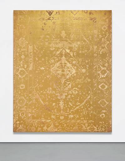 Rudolf Stingel has spent the past three decades exploring the boundaries of painting, pattern and design through his experimentation with surface and materiality. Rendered in opulent gold,