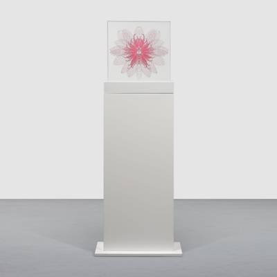 laser etched, hand-tinted Plexiglas, in 6 sections, with artist's base