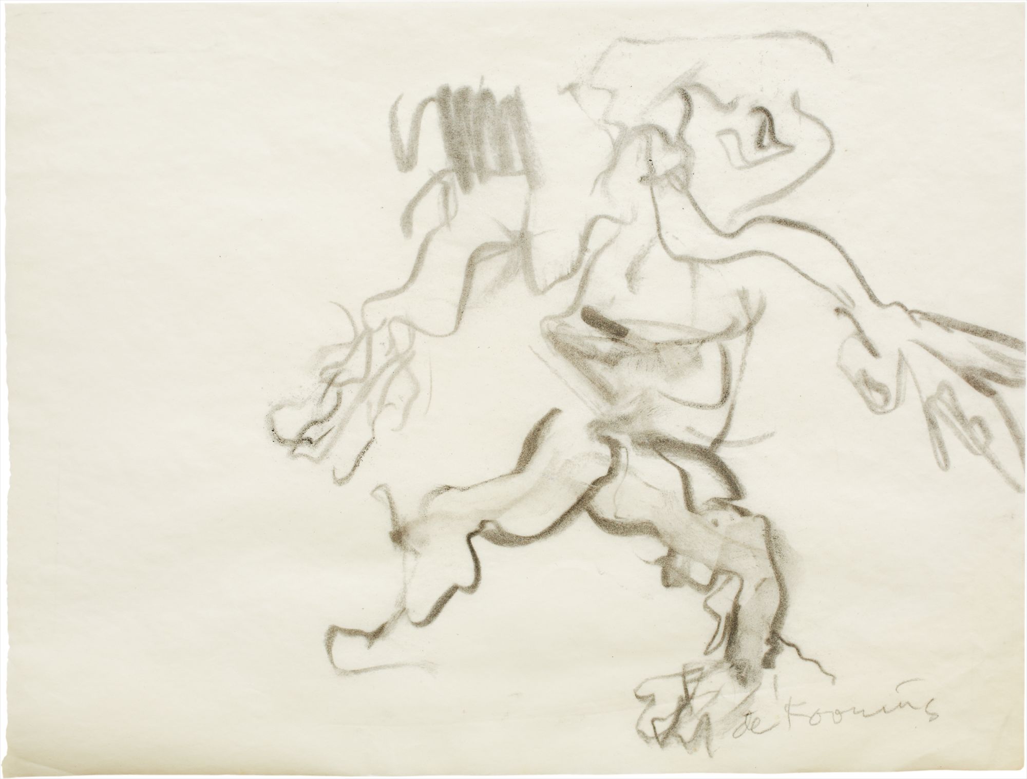 Willem de Kooning — Willem de Kooning’s rapid progression from representational to non-representational painting occurred during the late 1950s into the early 1960s. His legendary Women series over, he began to find inspiration from sources other than the human form, namely that of landscape. In addition, the sharp lines and geometric patterns that had categorized his earlier work began to smooth out into curvatures and fields of space and color. This gave de Kooning’s new work a more reflective element, as it no longer contained the anger and rigor of his earlier paintings and drawings. De Kooning also began to venture into the realm of sculpture, bringing his newly found fluidity and softness into the third dimension. In his works on paper, de Kooning followed the same trajectory: definite figure began to morph into indefinite shape, smoother yet more mysterious than before.