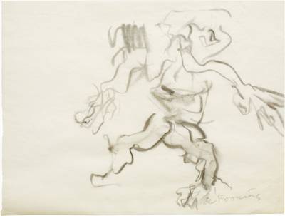 Willem de Kooning’s rapid progression from representational to non-representational painting occurred during the late 1950s into the early 1960s. His legendary Women series over, he began to find inspiration from sources other than the human form, namely that of landscape. In addition, the sharp lines and geometric patterns that had categorized his earlier work began to smooth out into curvatures and fields of space and color. This gave de Kooning’s new work a more reflective element, as it no longer contained the anger and rigor of his earlier paintings and drawings. De Kooning also began to venture into the realm of sculpture, bringing his newly found fluidity and softness into the third dimension. In his works on paper, de Kooning followed the same trajectory: definite figure began to morph into indefinite shape, smoother yet more mysterious than before.