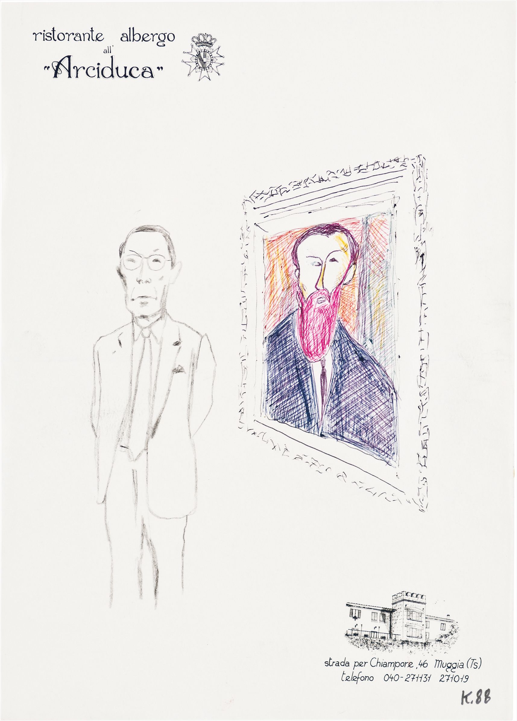 "Kippenberger made hundreds of drawings on hotel stationery, a body of work that comes across as a kind of travel diary. Although he often lived in hotels for weeks or even months, he didn’t stay at all the hotels whose notepaper he used, often picking it up from other sources. The stationery became, like so many things he encountered, a readymade material for his art." (Text from the exhibition