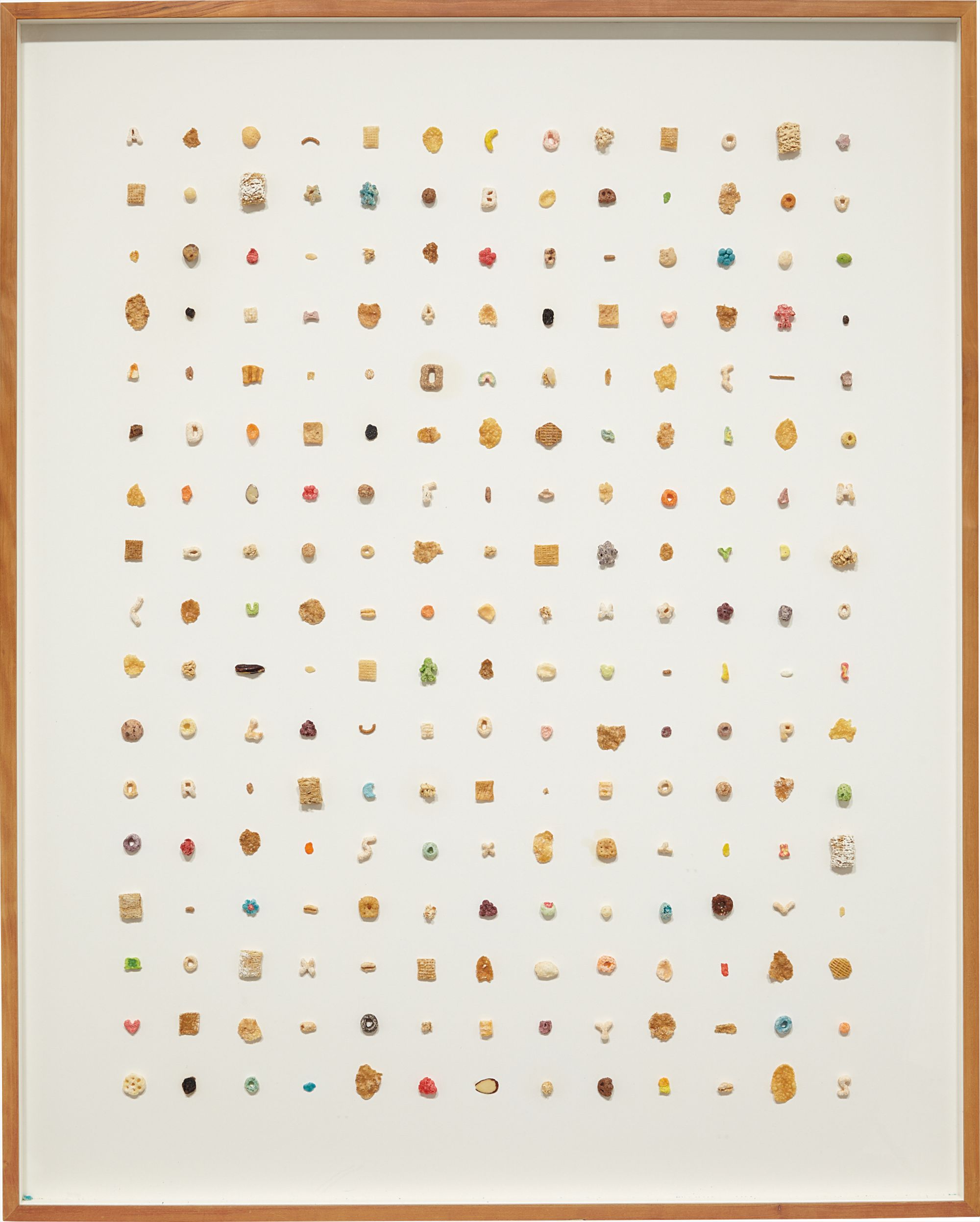 cereal, glue, paper, wood frame