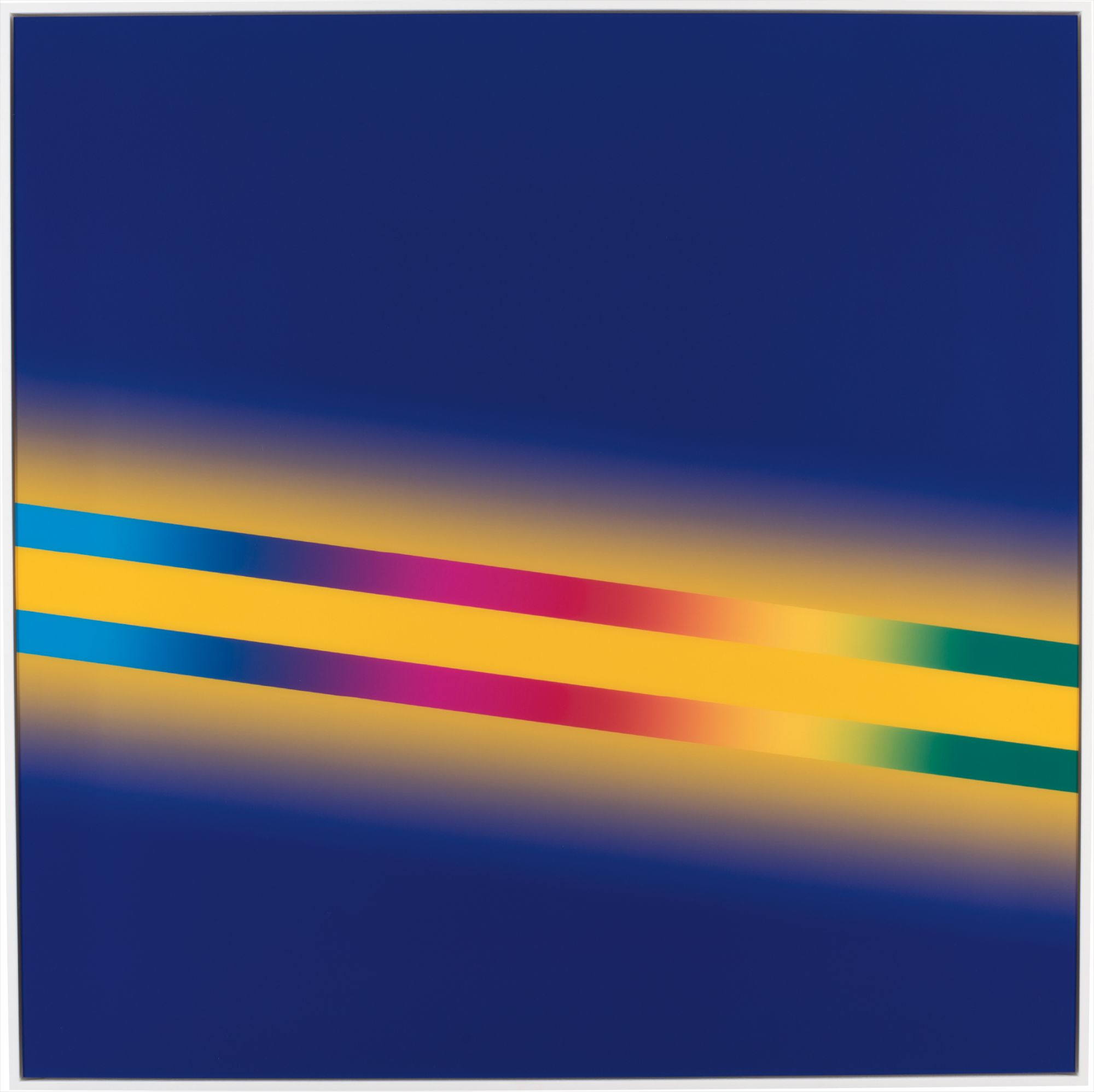 Cory Arcangel — Photoshop CS: 60 by 60 inches, 300 DPI, RGB, square pixels, default gradient "Blue, Yellow, Blue", mousedown y=15000 x=2130, mouseup y=4680 x=3570; photoshop tool "Wand", click= y=9120 x=4780, tolerance=30; default gradient "Spectrum", mousedown y=8790 x=1410, mouseup y=10770 x=16230