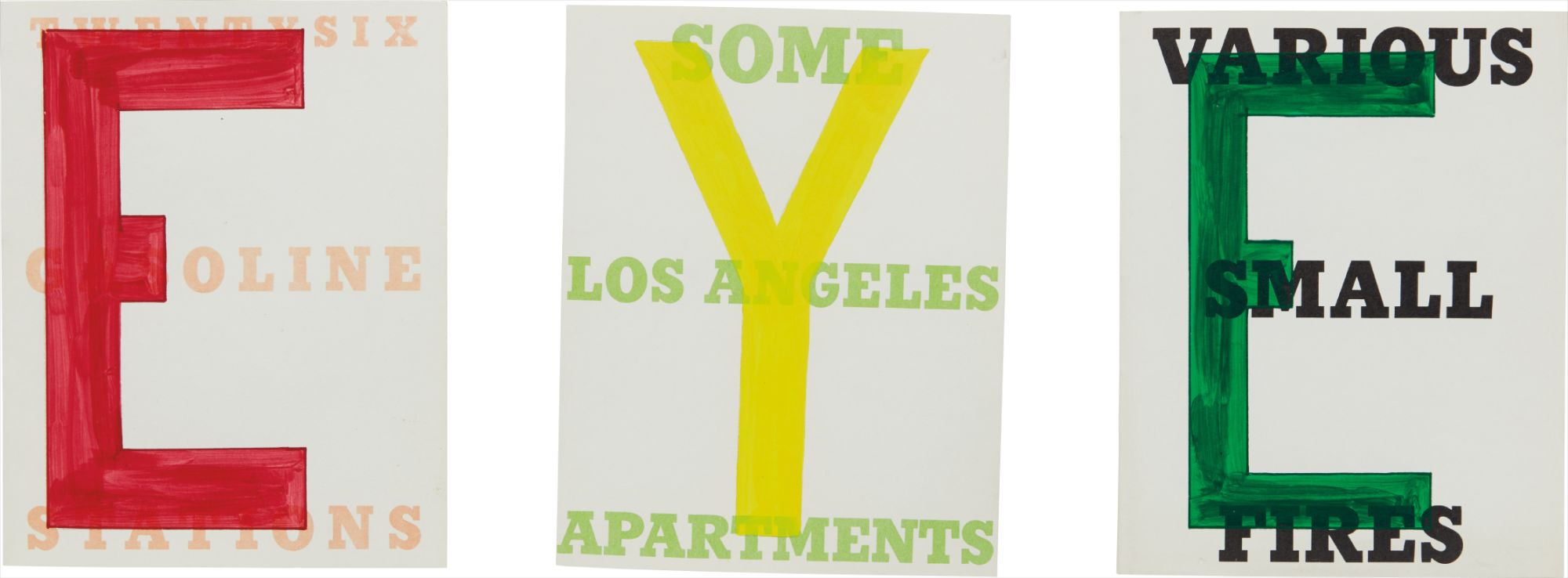 Ed Ruscha — Three Works: (i) Vowel #54 (E); (ii) Vowel #86 (Y); (iii) Vowel #59 (E)