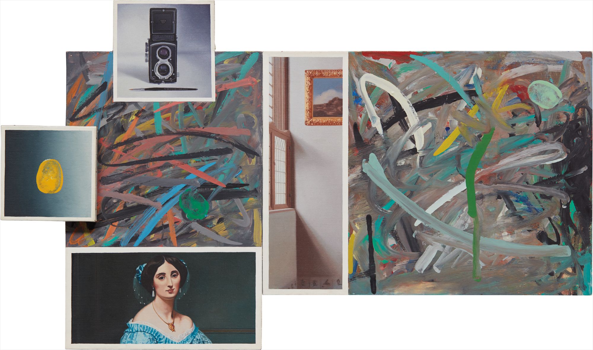 Richard Pettibone — Thumb Print; Camera and Brush; Ingres, The Princess de Broglie, 1853, Detail; Scribbling; Vermeer, Woman Studying at a Virginal, 1670s, Detail; and Scribbling