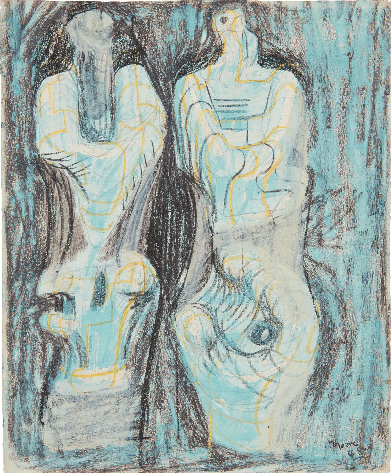 Henry Moore — Page from Sketchbook: Two Sculptural Figures on Green Background
