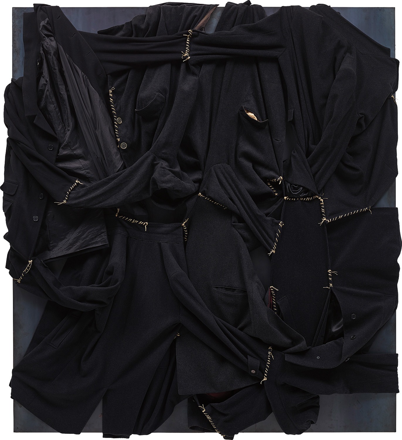 Jannis Kounellis — fabric, buttons and string on steel panel