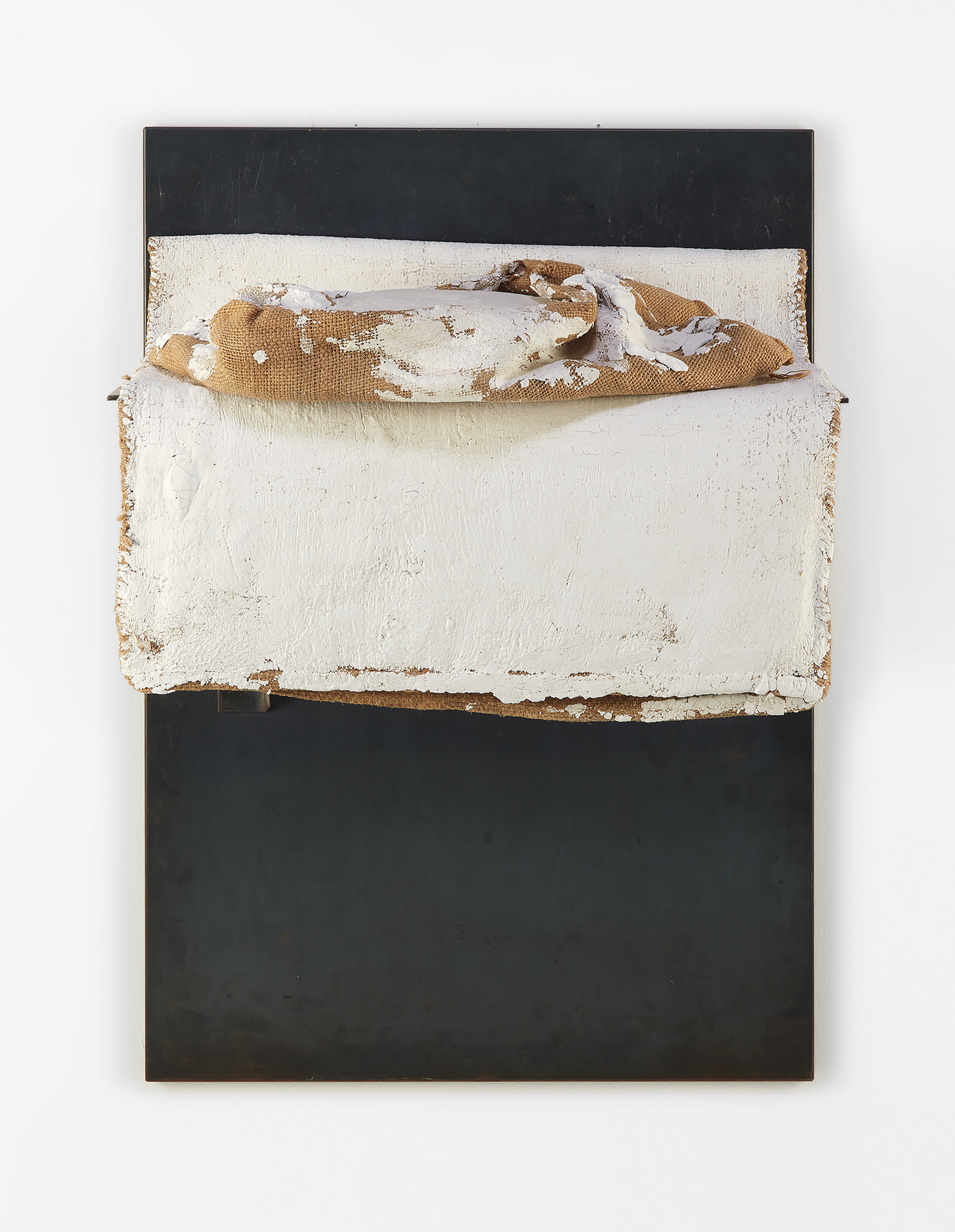Jannis Kounellis — gypsum on jute sack, mounted on iron