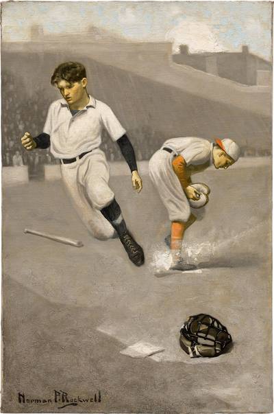 Danny the Freshman, 'With the grass wet and slippery fast fielding was out of the question, and Calkins was home before the ball.'