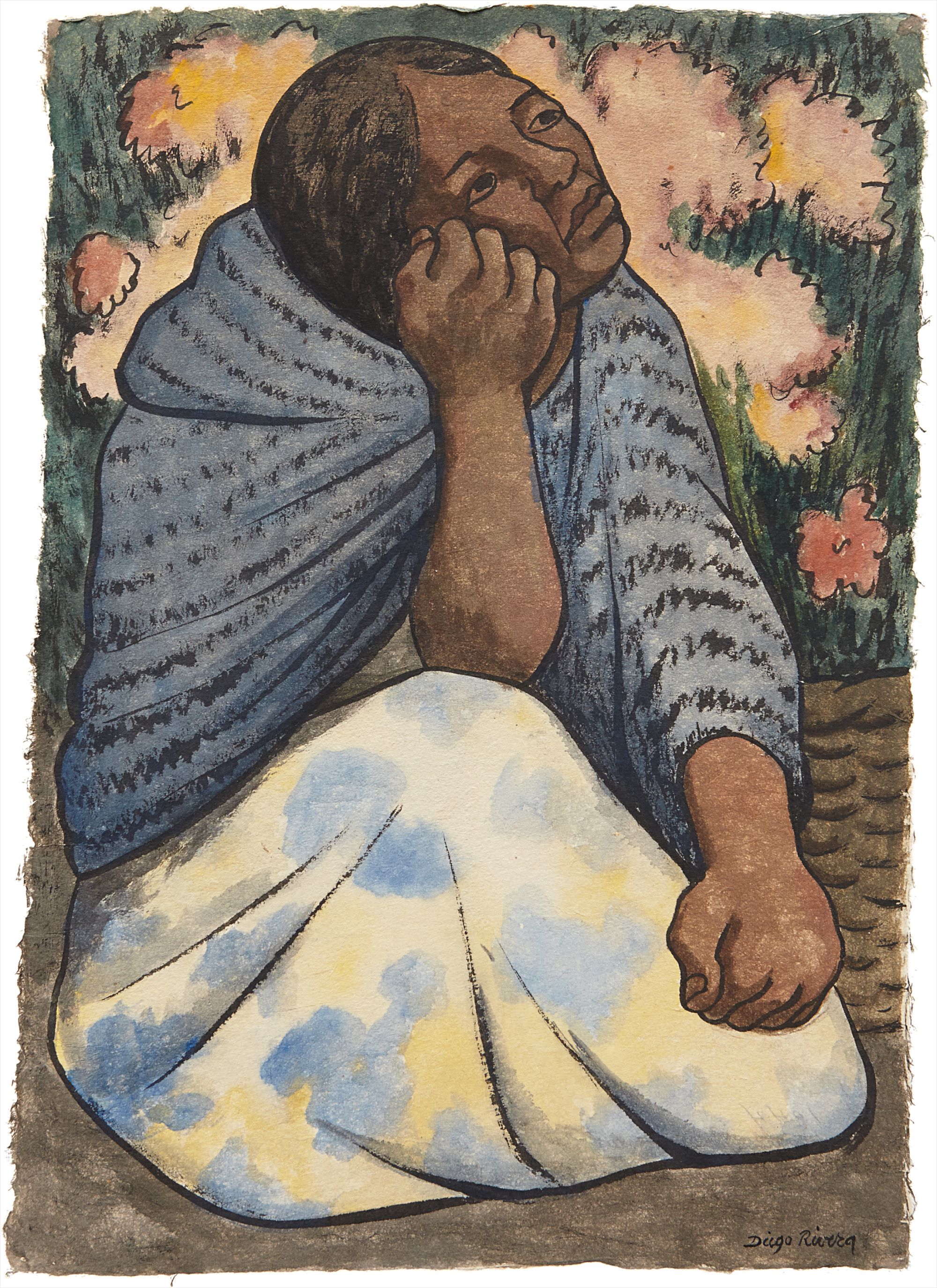 Mujer sentada en el mercado con rebozo azul y flores