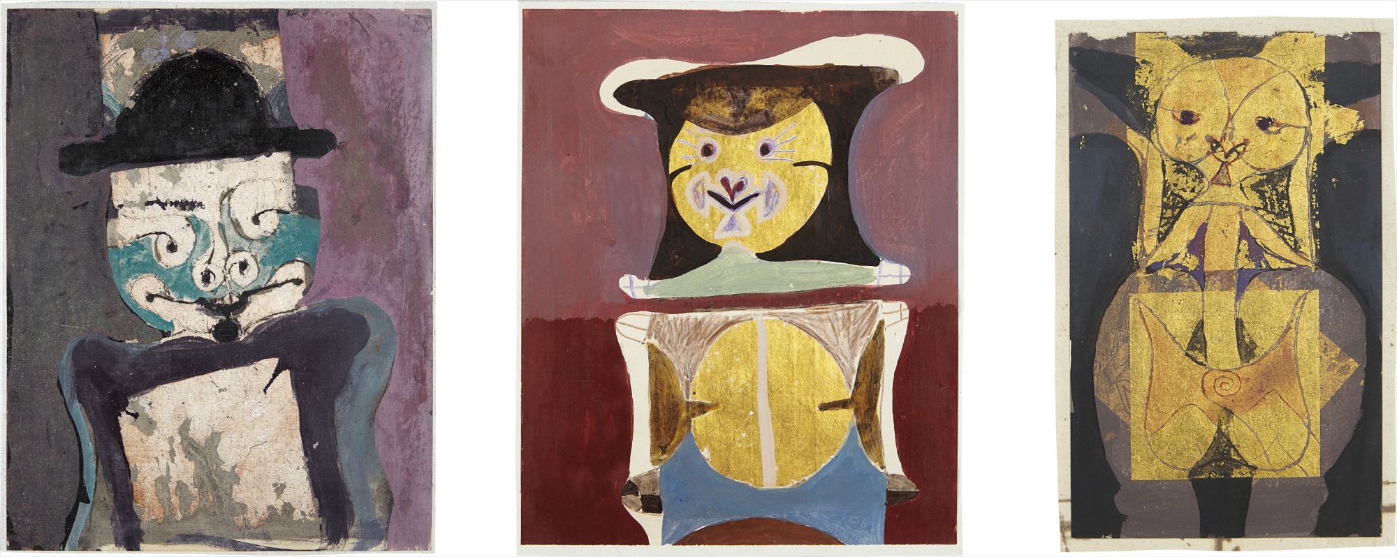 Three works: (i) Hombre sonriendo con sombrero negro; (ii) Niña gata con círculo; (iii) Niña gatita