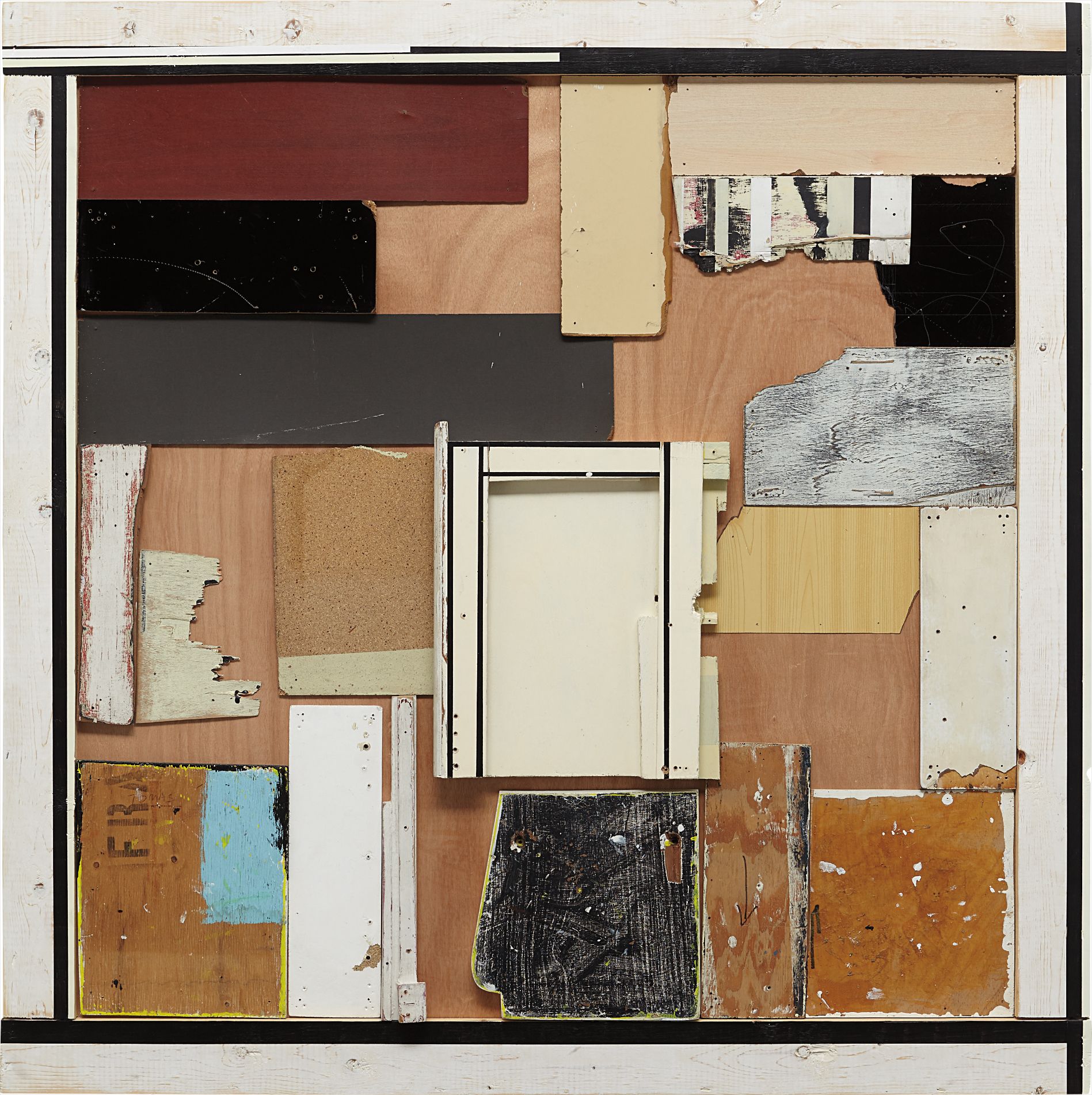 found materials collaged on wood panel