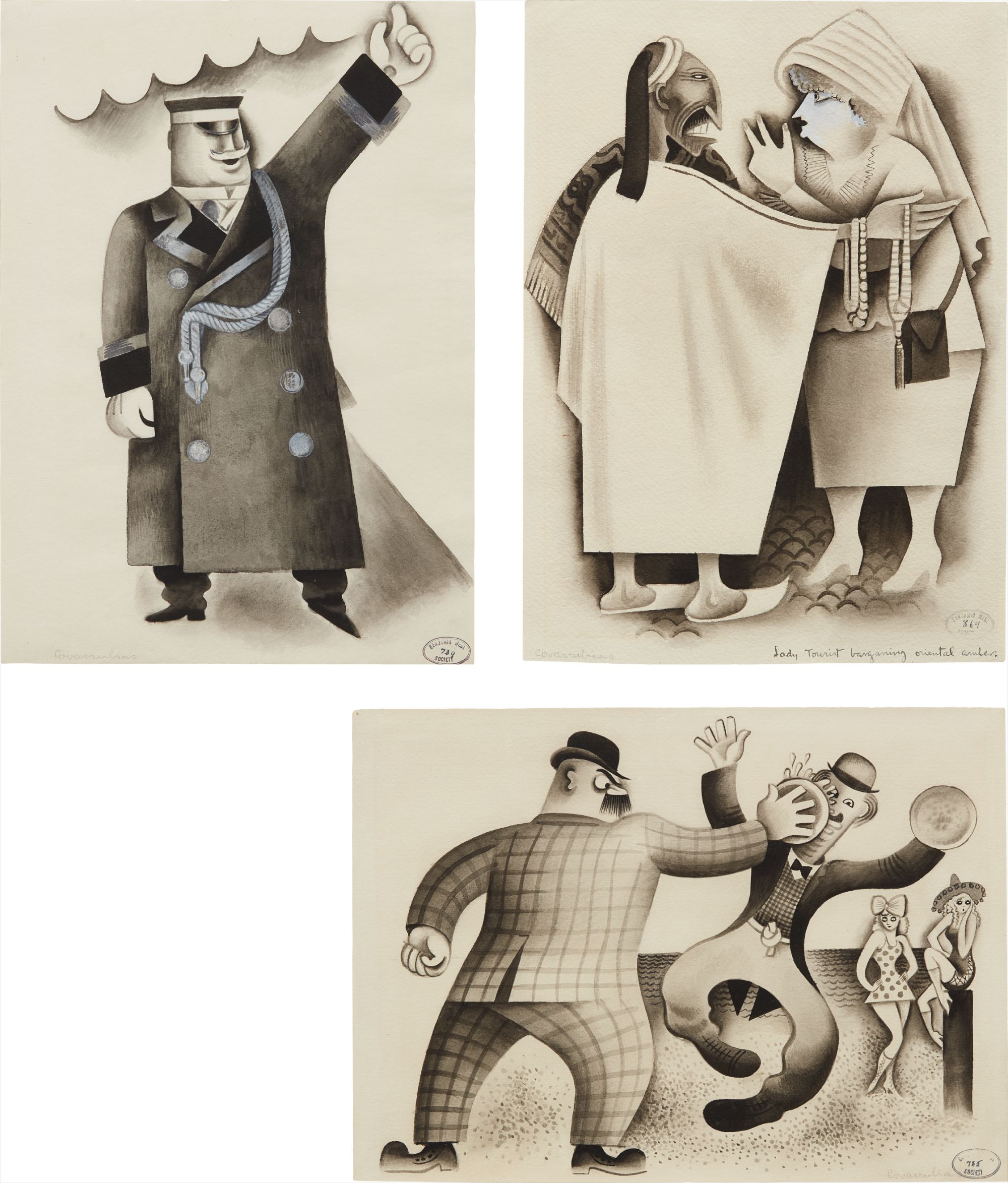 Miguel Covarrubias — Three works: i) Park Avenue Doorman – Taxi ii) Lady Tourist Bargaining Oriental Amber iii) Confrontation - Pie in the Face