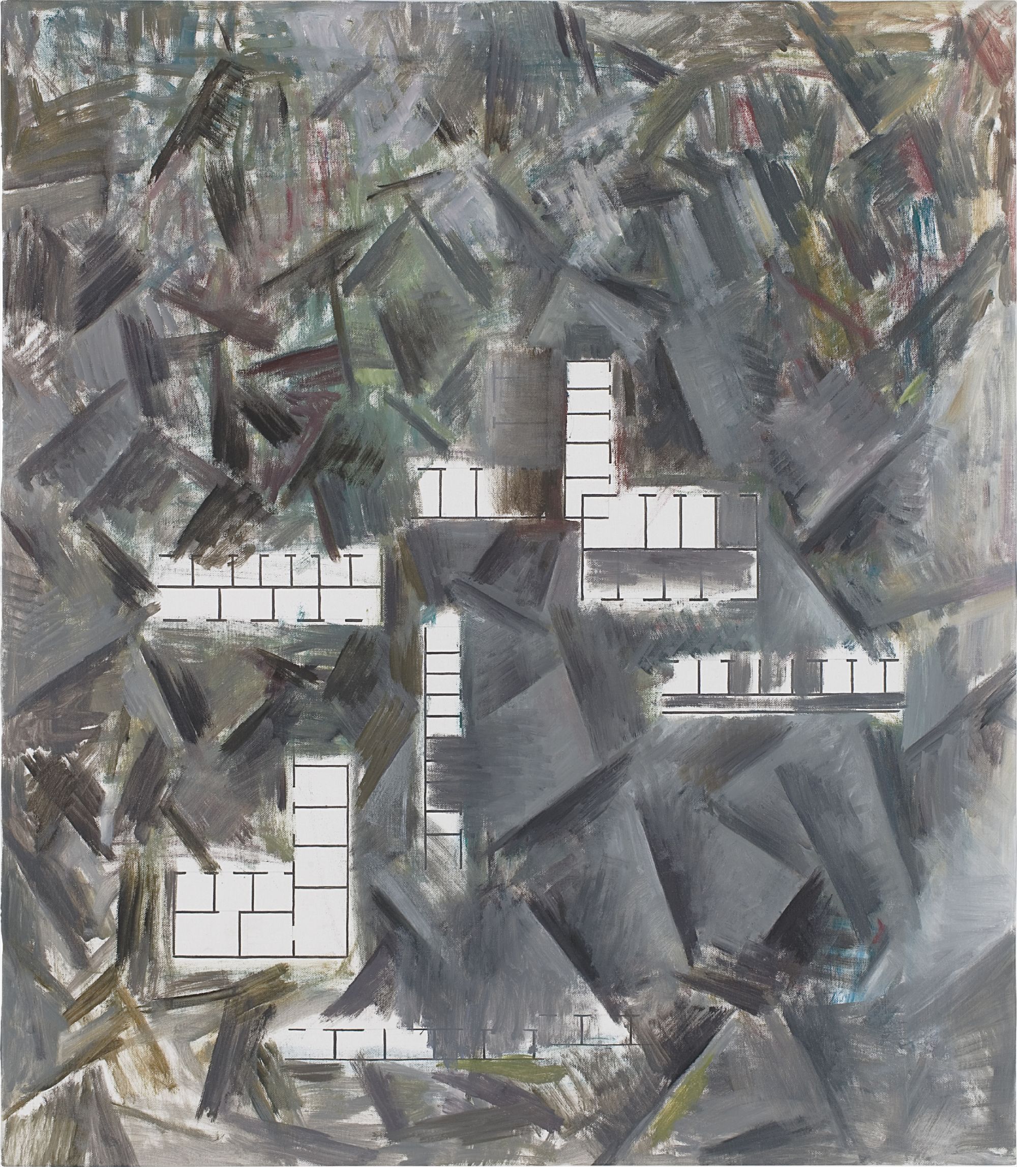 Guillermo Kuitca received international accolades at a young age when he was invited to participate in the XVIII São Paulo Biennal in 1989 and has since exhibited extensively worldwide, including major shows at the Museum of Modern Art in New York and the Centro de Arte Reina Sofia in Madrid. While his early paintings investigated areas like architecture, theater and cartography, his recent body of work continues to develop into new arenas. The present lot utilizes an architectural floor plan as its base, yet faceted paint layers obscure the viewer’s full comprehension of the represented space, both blocking the didactic nature of the map and simultaneously demonstrating a preoccupation with Cubism. This work relates to Kuitca’s powerhouse exhibition at the Venice Biennale in 2007 and shows his aptitude for disrupting the traditional notions of painting by optically exploring three-dimensional space.