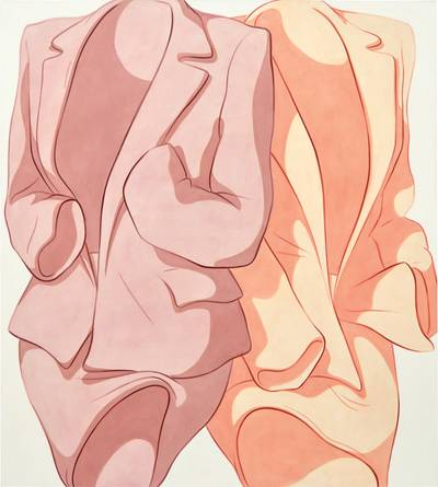 Two Suits, Wrist Bent, Cuff to Pocket (Mauve, Peach)