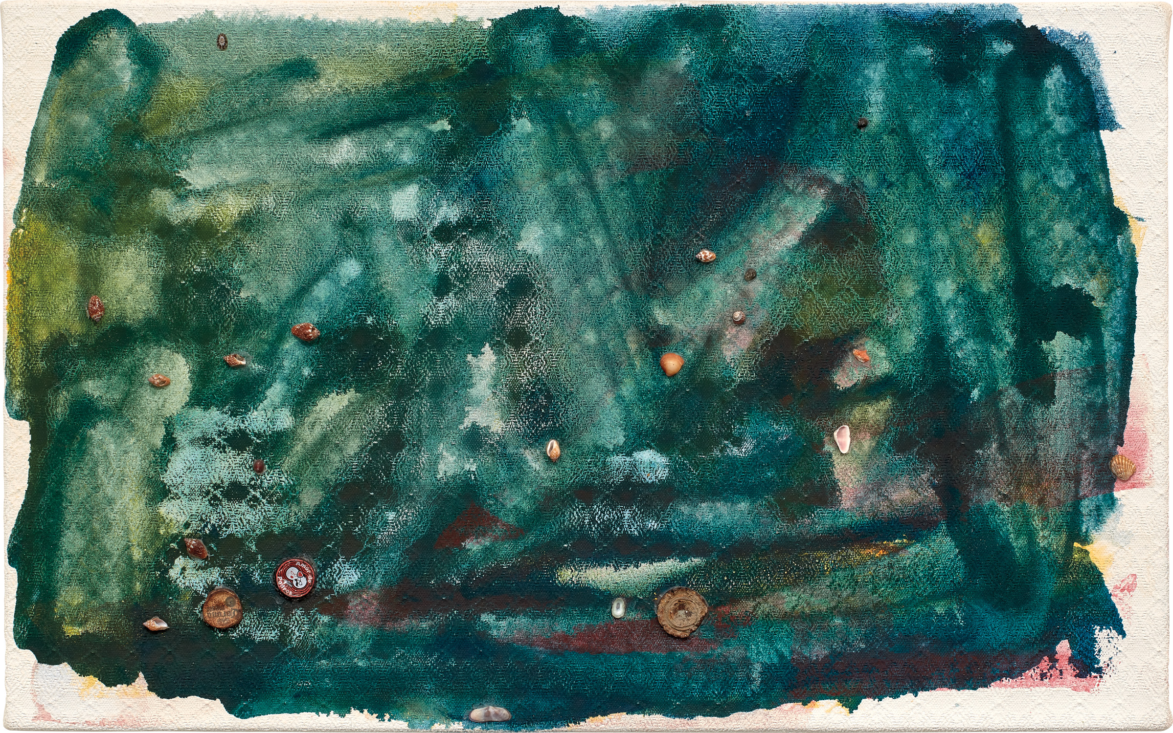 Flashe, seashells and bottle caps on canvas