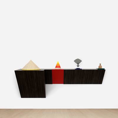 plastic laminated wood shelf, straw Chinese hat, Plan Toys wooden cone sorting toy, Tim Burton “Oyster Boy” figurine and Whetstone wooden biscuit cutter