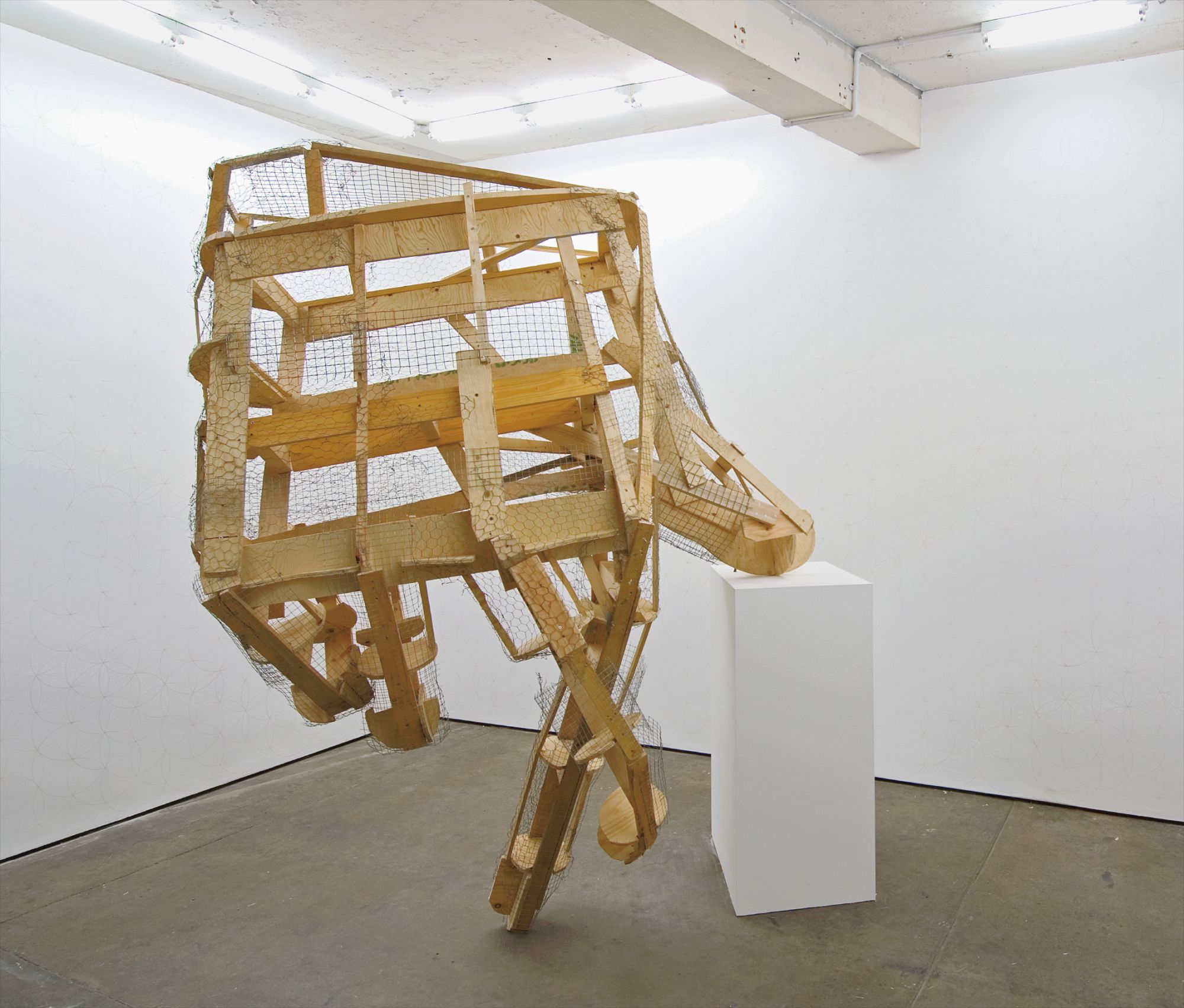 Peter Coffin — wood, wire mesh, iron rods, wooden pedestal