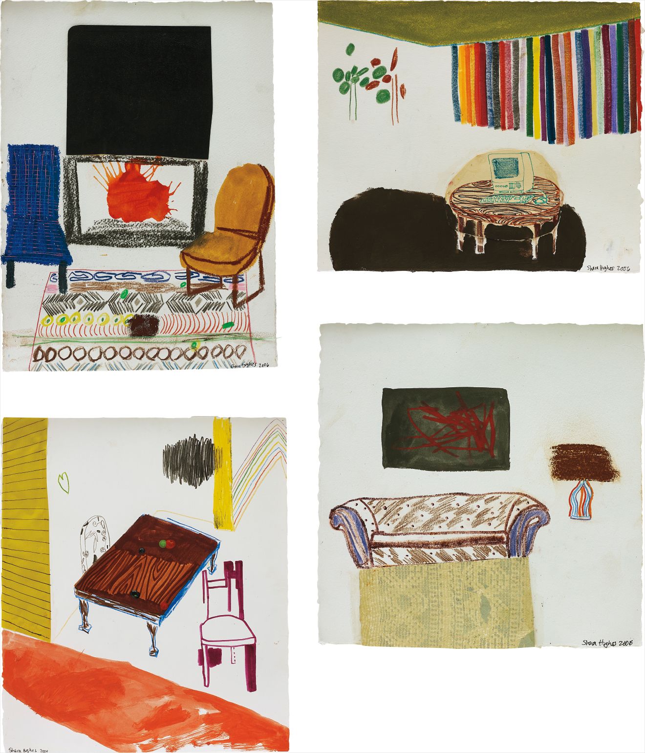 Shara Hughes — Four works: (i) Black Art and Fireplace; (ii) Computer Table with Rainbow Shades; (iii) Rainbow Lamp; (iv) Grown-Up Table