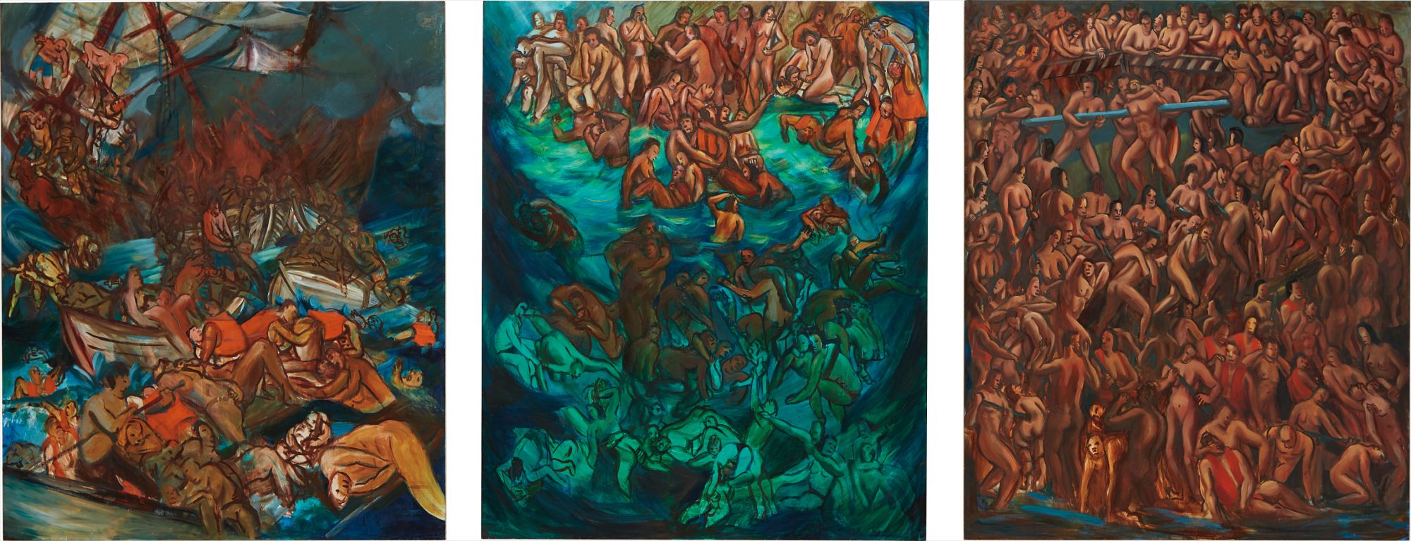 Nicole Eisenman — Foos Ball Trilogy: (i) Part I Sinking Ships; (ii) Part II Rescue; (iii) Part III Game Preparations